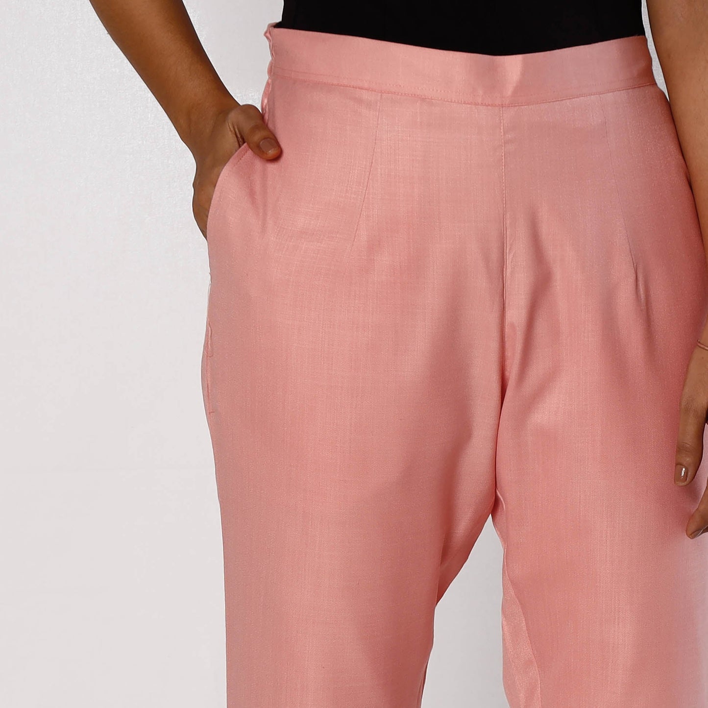 Baby Pink Flex Cotton Tapered Casual Pant for Women