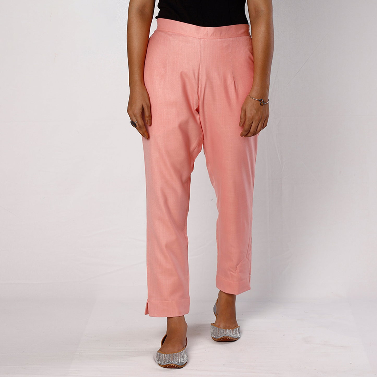 Baby Pink Flex Cotton Tapered Casual Pant for Women