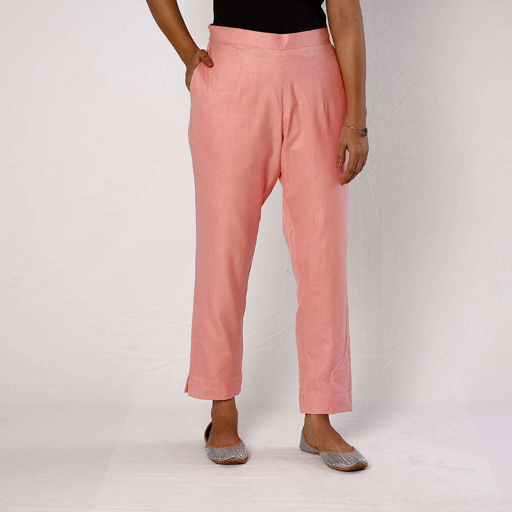 Baby Pink Flex Cotton Tapered Casual Pant for Women