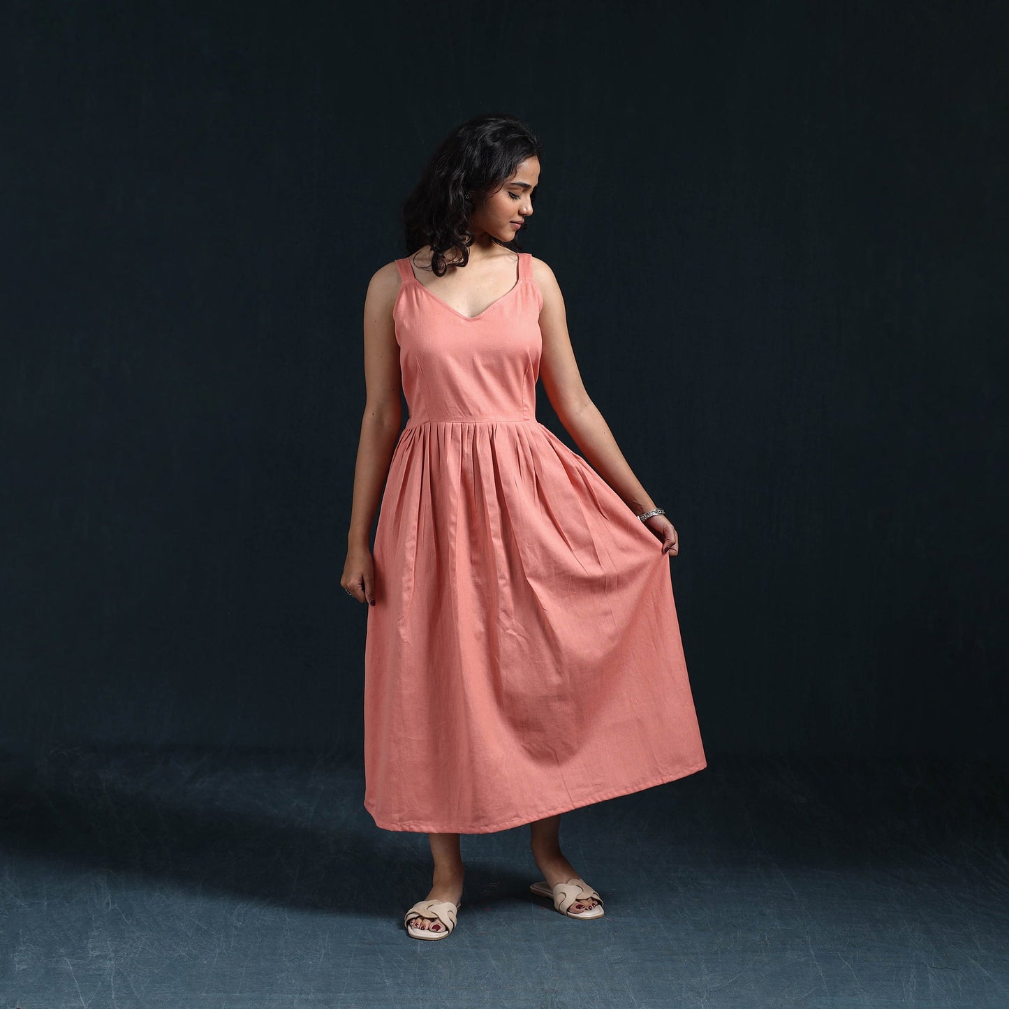 Peach - flex cotton tiered plain dress 05 - handcrafted