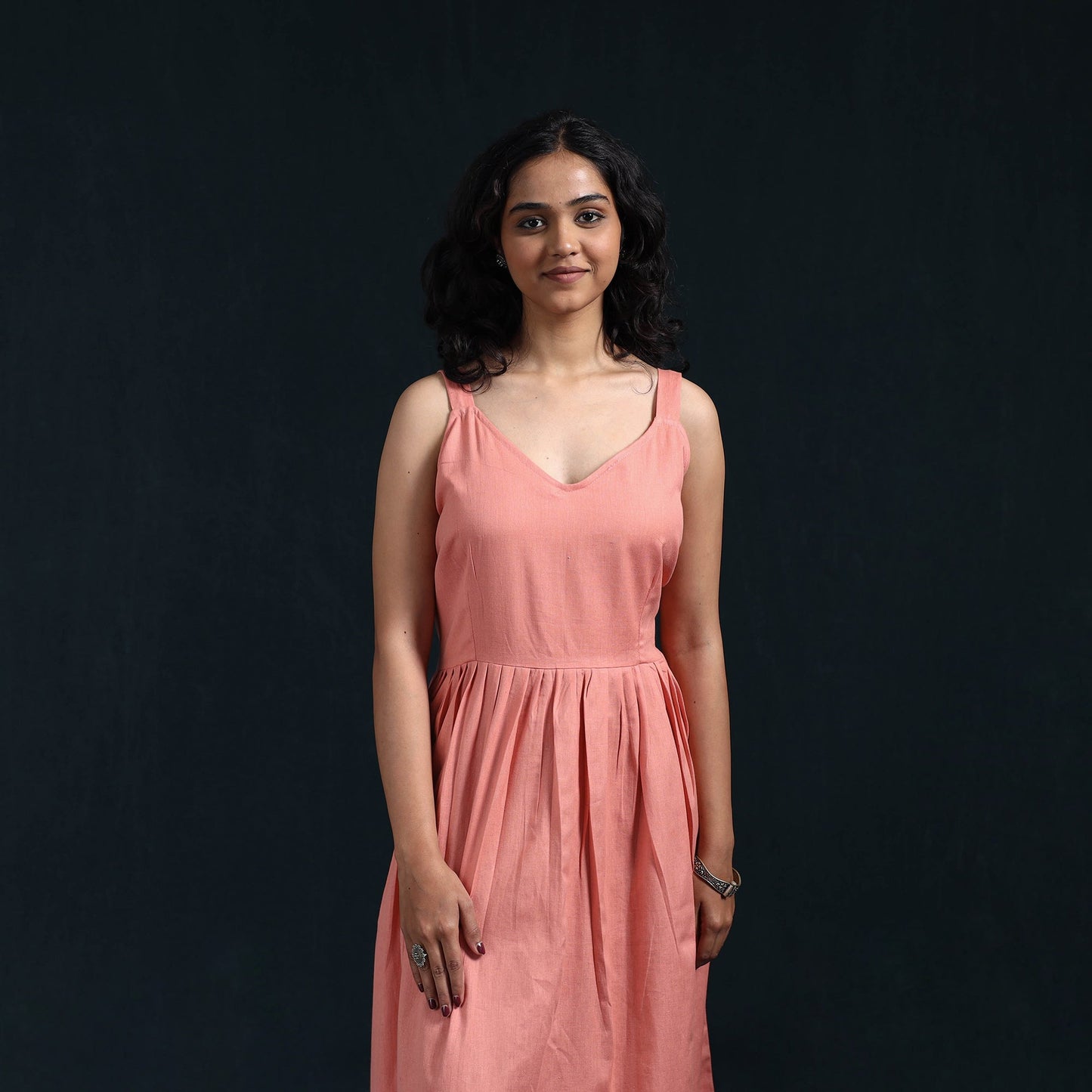 Peach - flex cotton tiered plain dress 05 - handcrafted