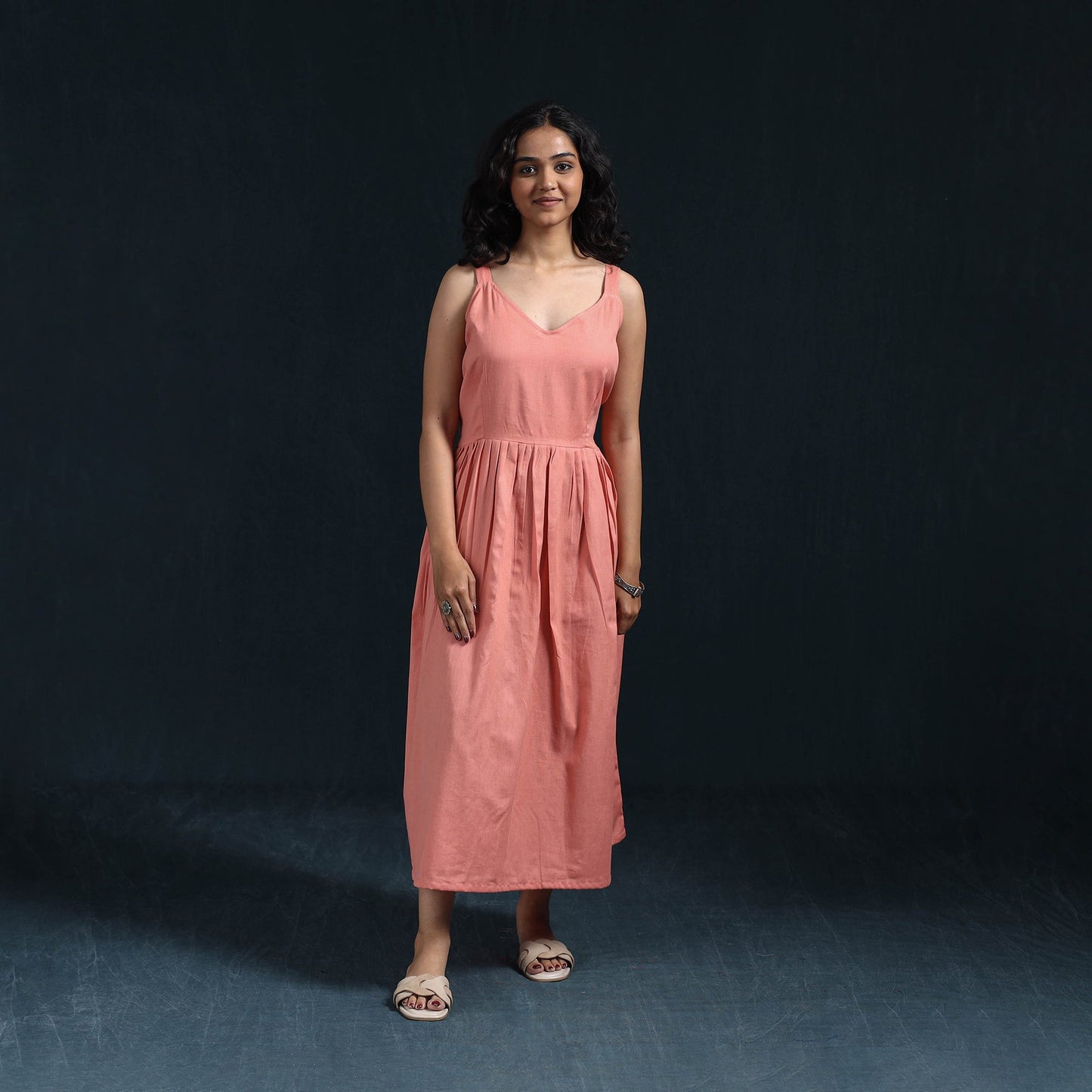 Peach - flex cotton tiered plain dress 05 - handcrafted