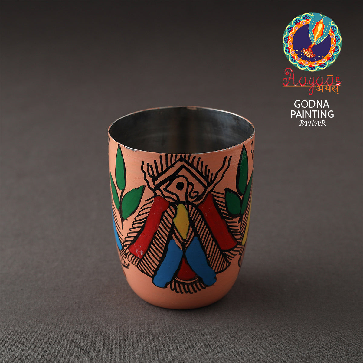 Godna Madhubani Peach Handpainted Stainless Steel Glass