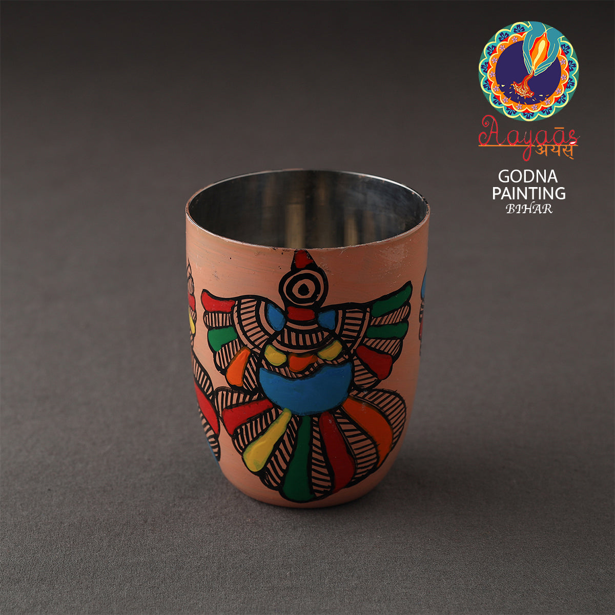 Godna Madhubani Peach Handpainted Stainless Steel Glass