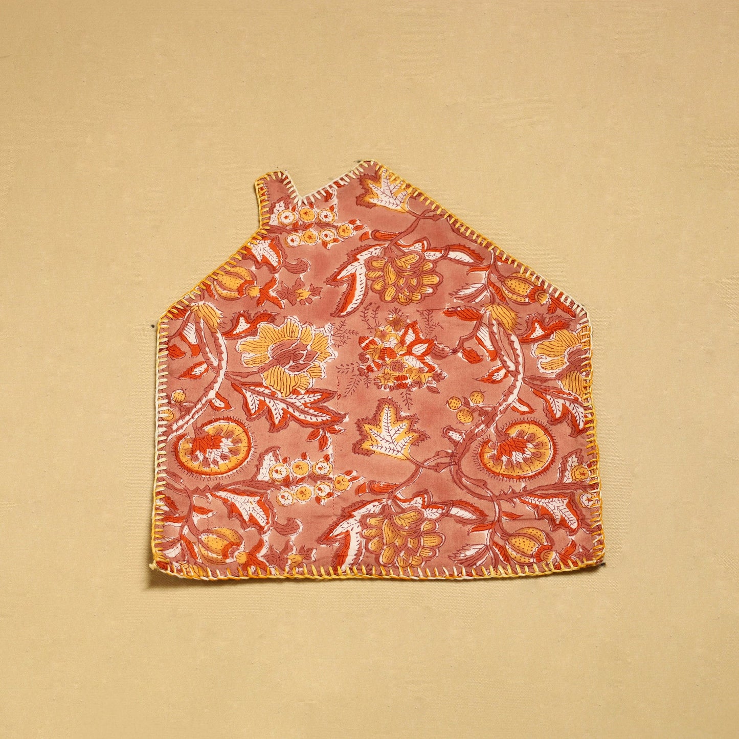 Peach Hand Embroidered Floral Pot Holder with Pocket