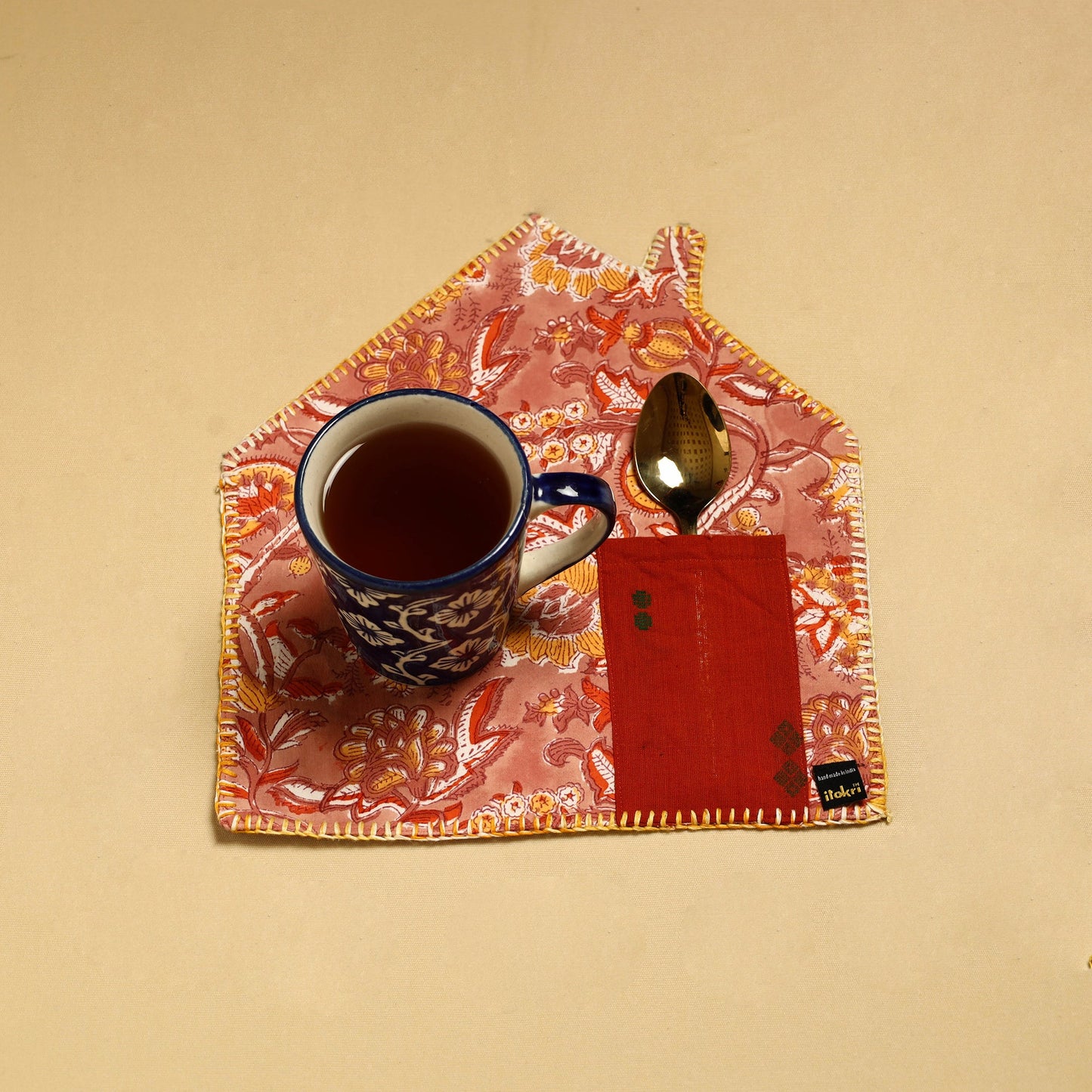 Peach Hand Embroidered Floral Pot Holder with Pocket