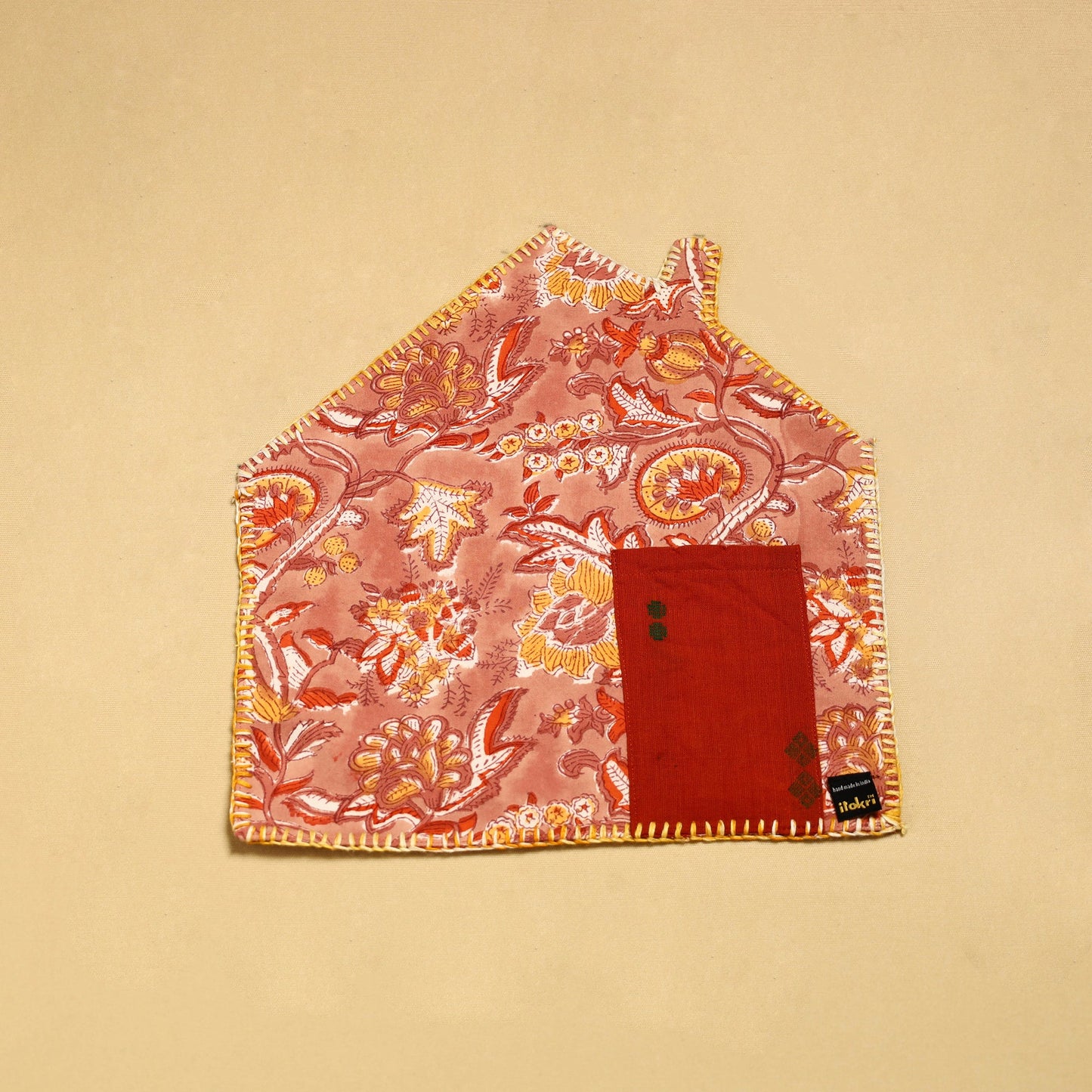 Peach Hand Embroidered Floral Pot Holder with Pocket