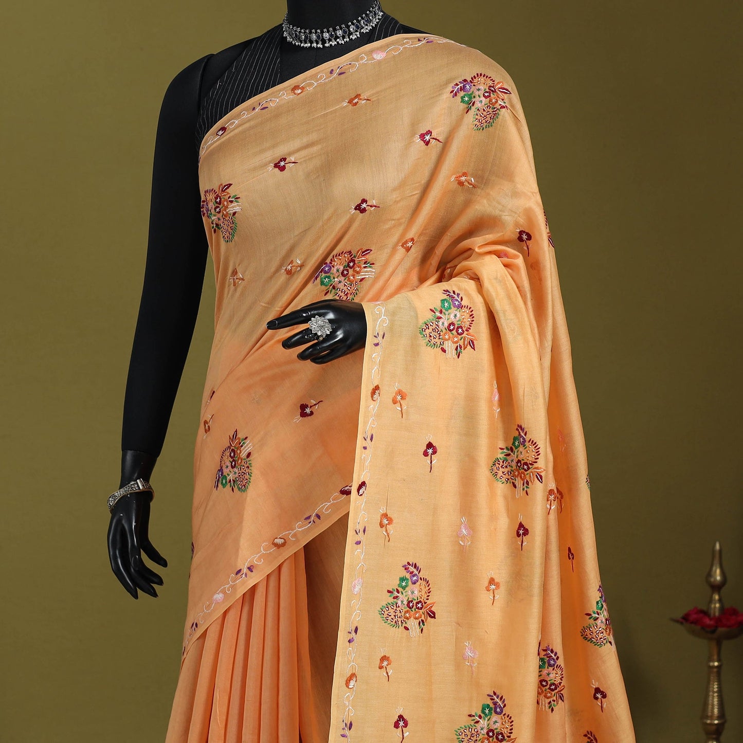 Peach - hand embroidery chanderi silk kashida saree
