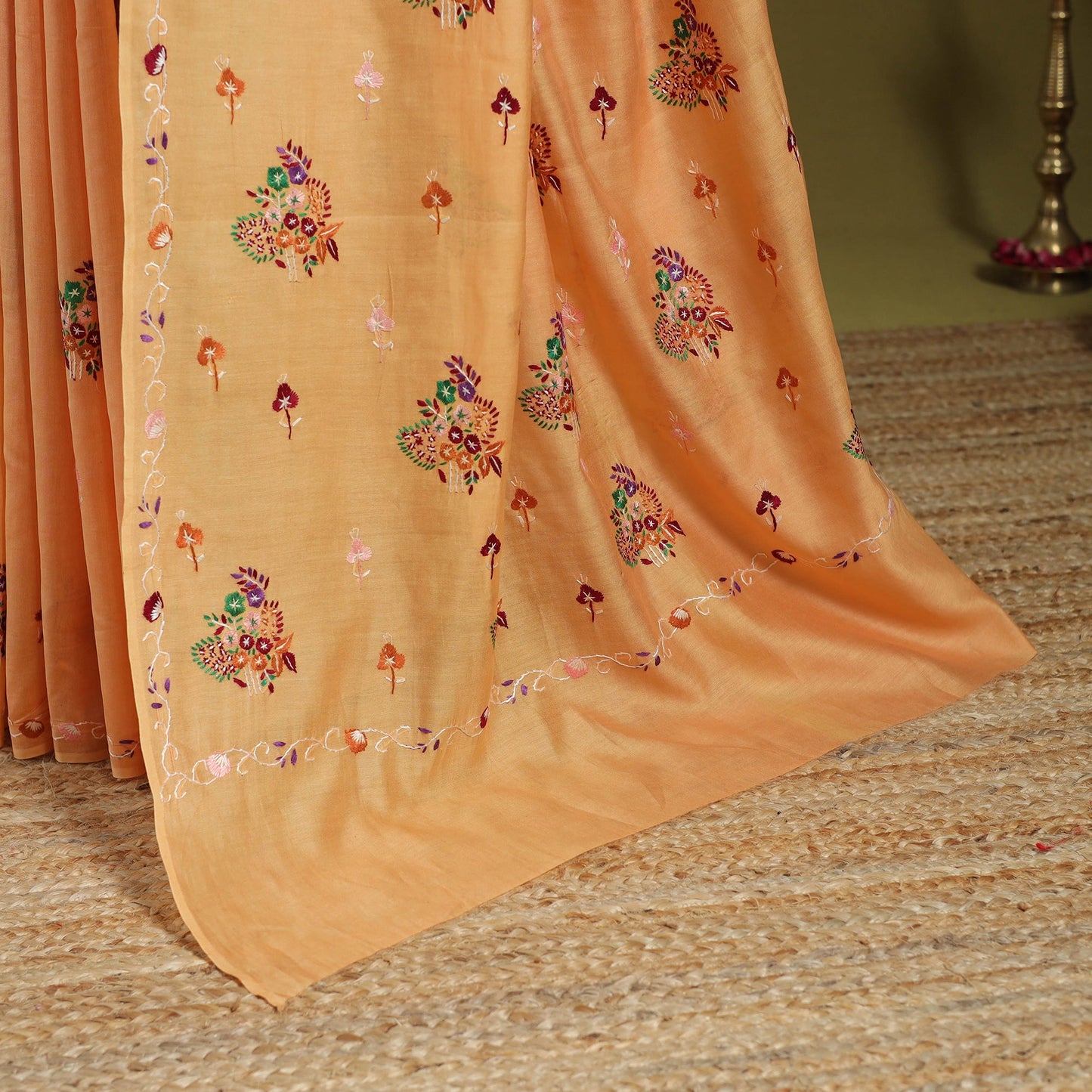Peach - hand embroidery chanderi silk kashida saree