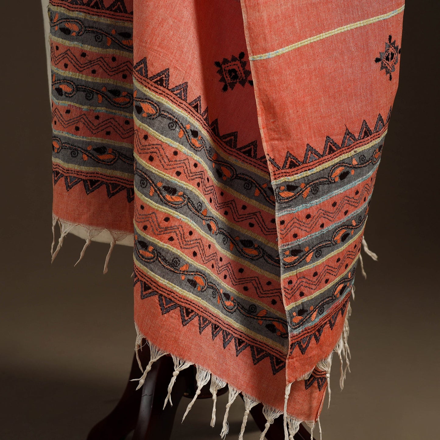 Peach Hand Embroidery Khes Handwoven Cotton Kantha Dupatta