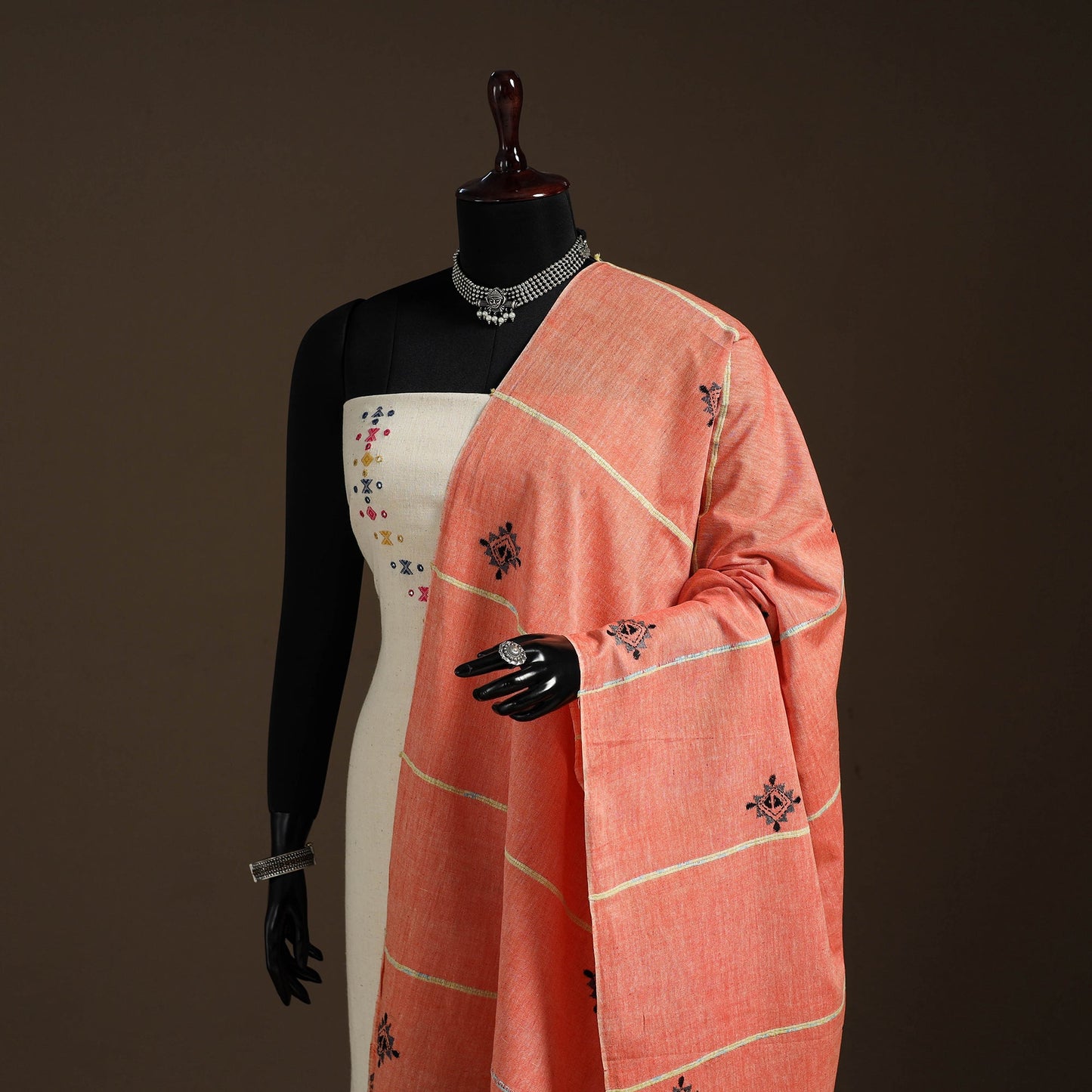 Peach Hand Embroidery Khes Handwoven Cotton Kantha Dupatta