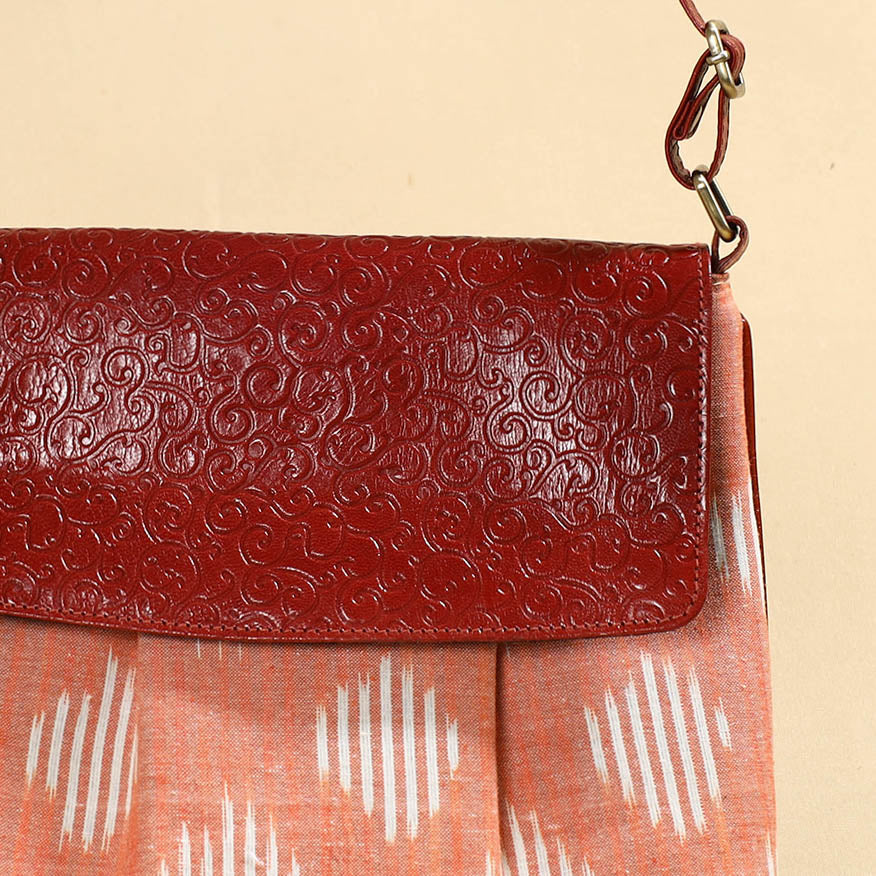 Handcrafted Ikat Fabric Sling Bag with Embossed Leather Flap