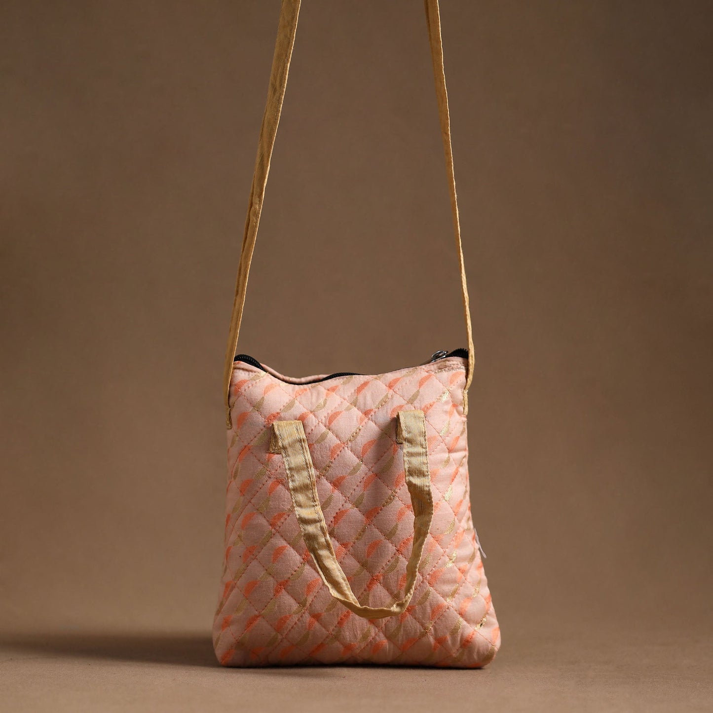 Peach - handcrafted quilted silk sling bag 09