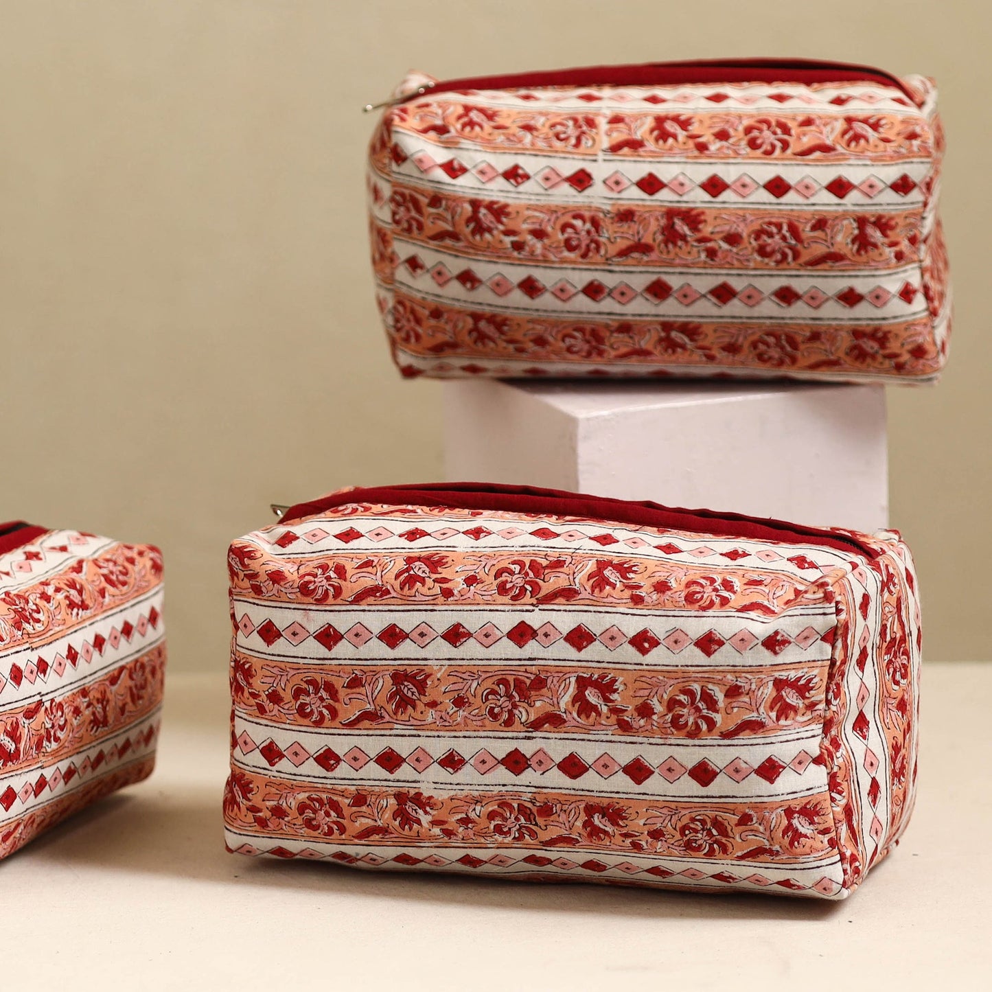 Peach Handmade Cotton Toiletry Bags (Set of 3)