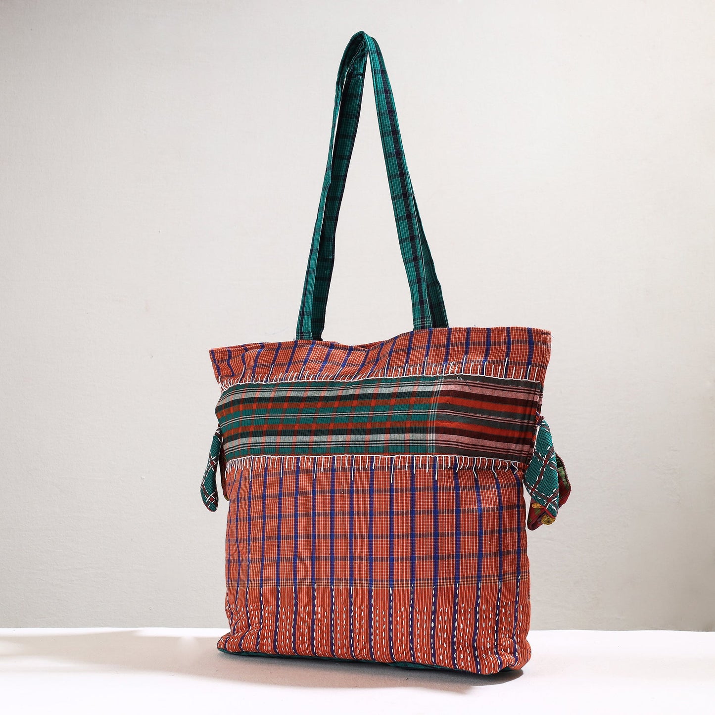 Handmade Gamcha Fabric Kantha Work Tote Bag