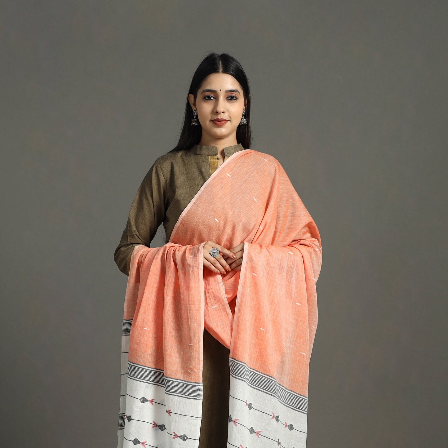 Peach - handspun handloom cotton jamdani dupatta 32