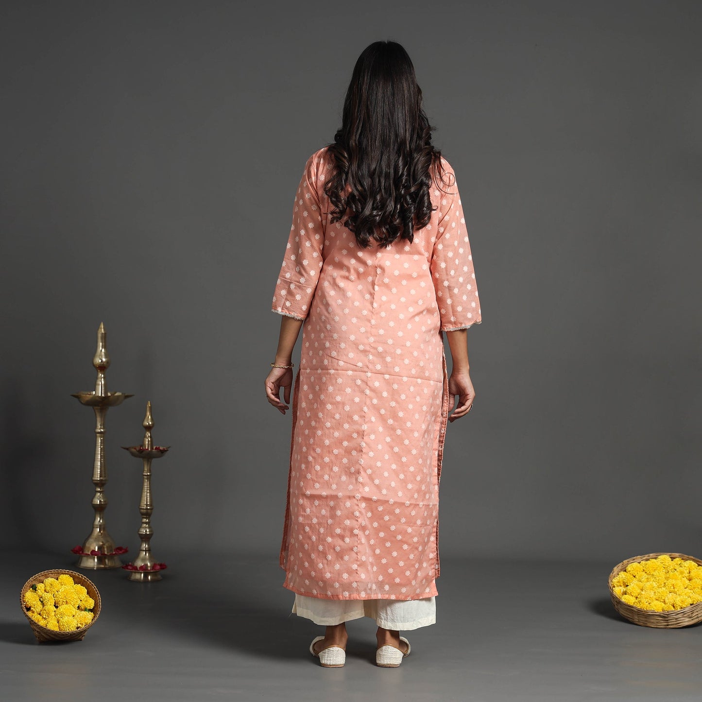 Peach Handwoven Cutwork Cotton Banarasi Kurta