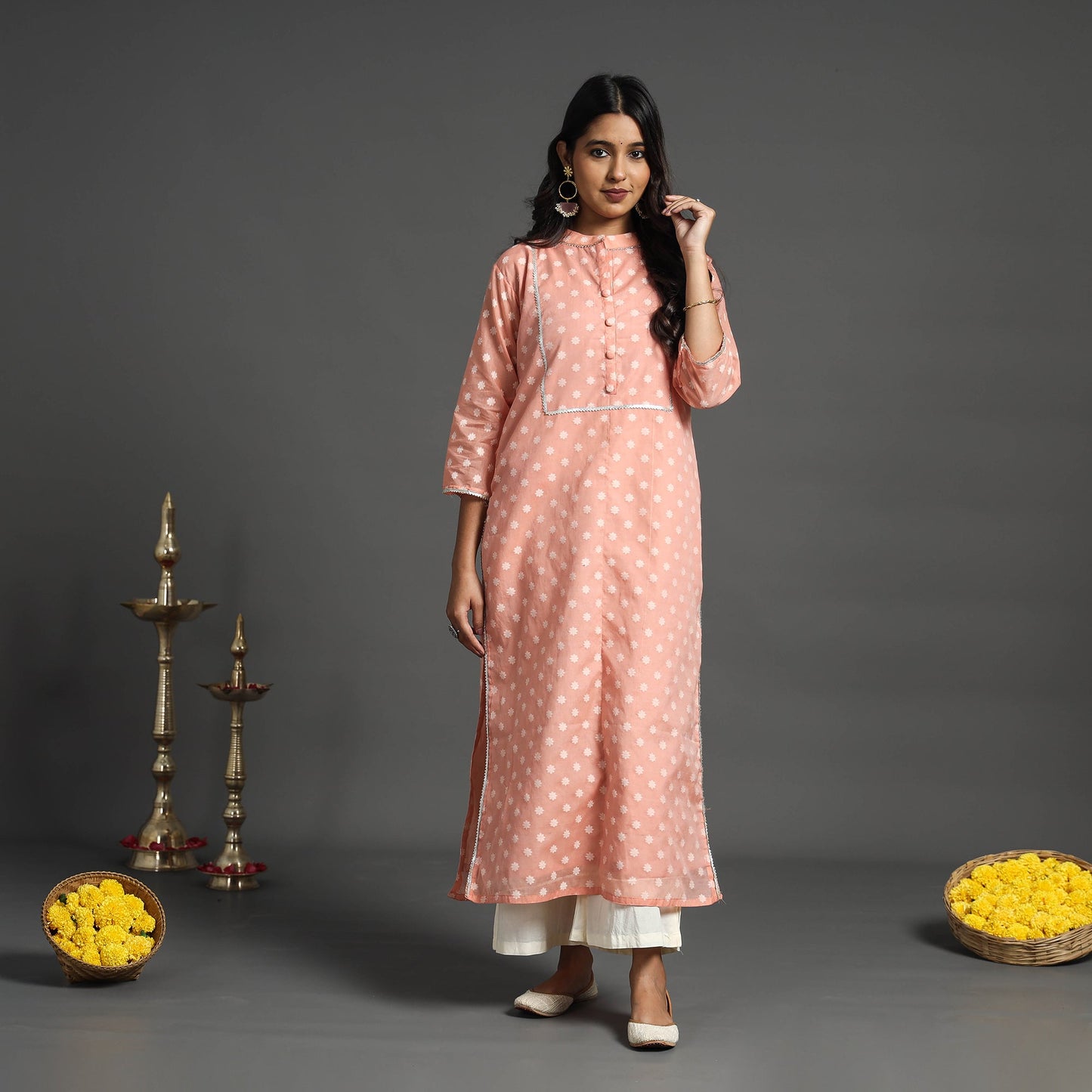 Peach Handwoven Cutwork Cotton Banarasi Kurta
