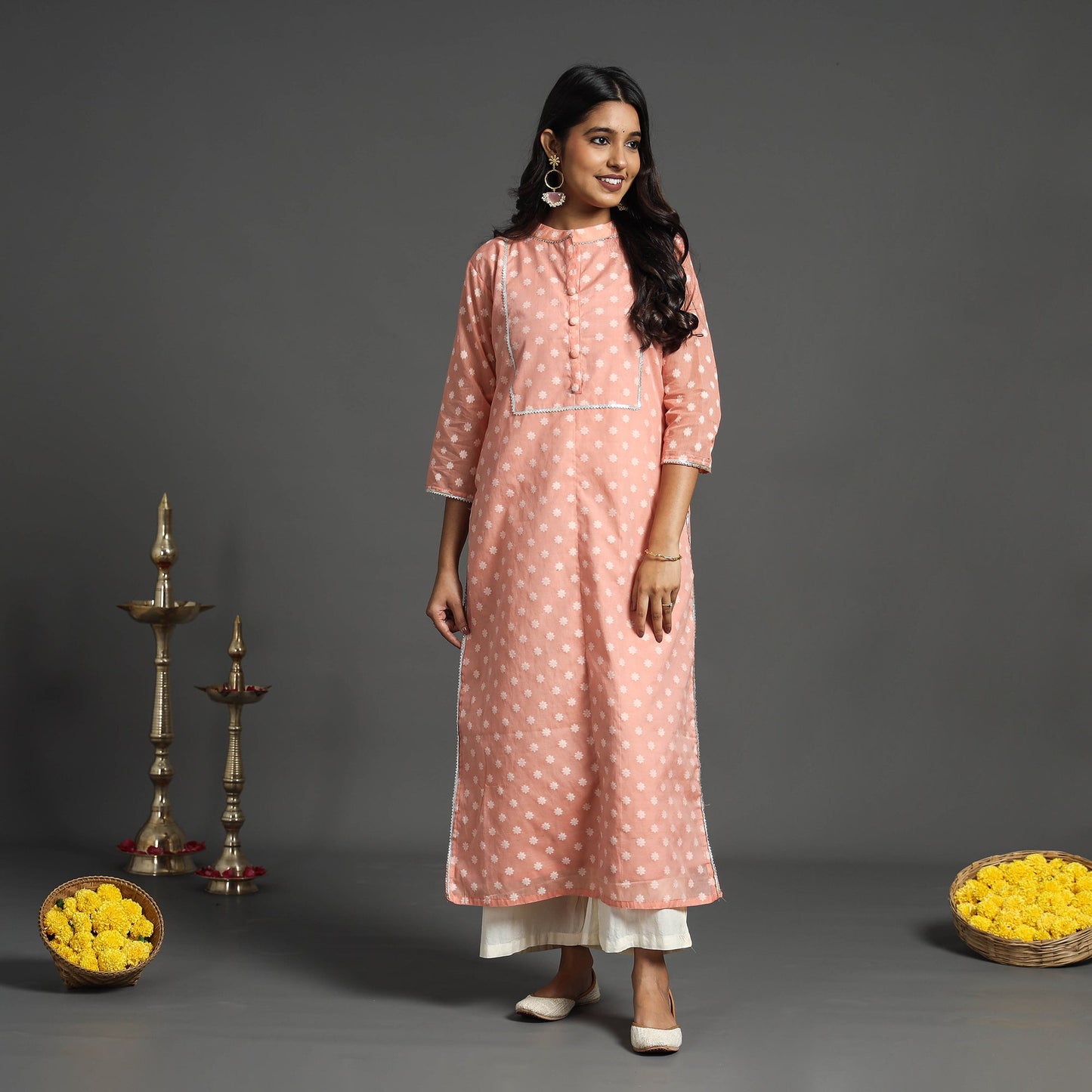 Peach Handwoven Cutwork Cotton Banarasi Kurta