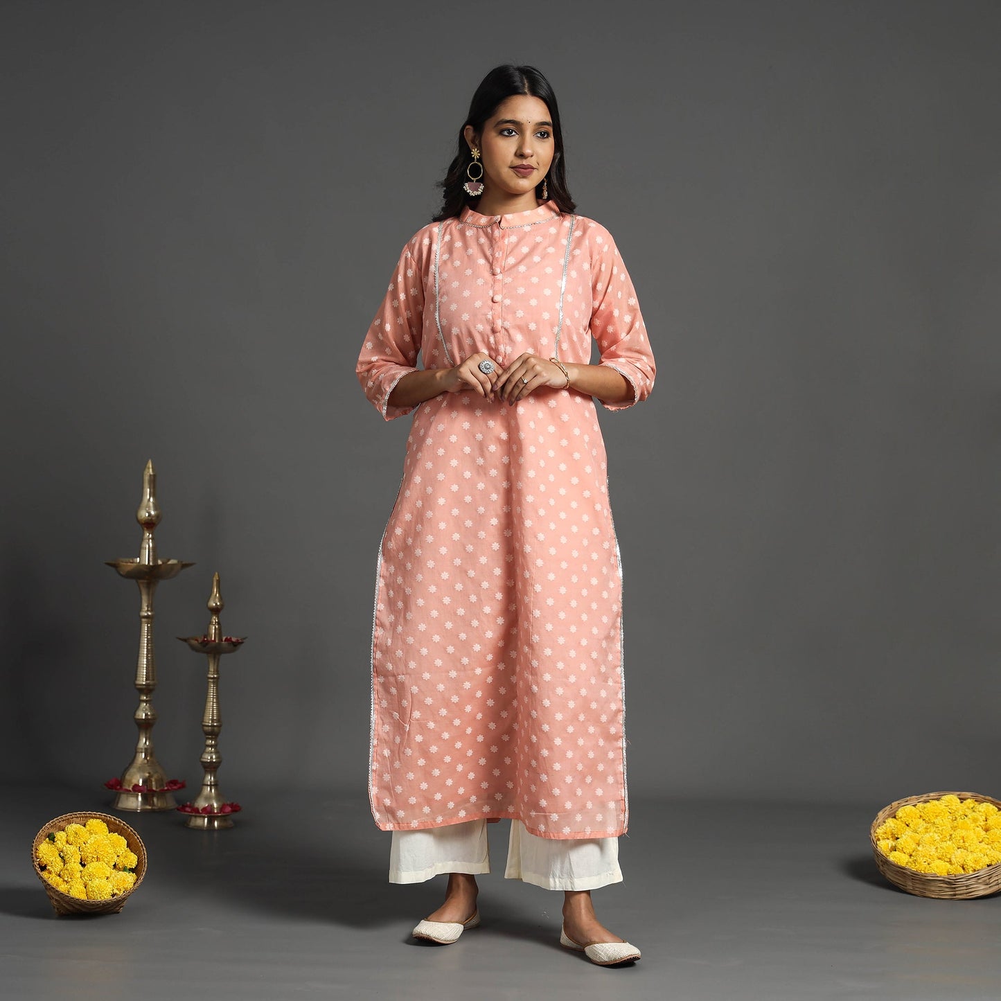 Peach Handwoven Cutwork Cotton Banarasi Kurta