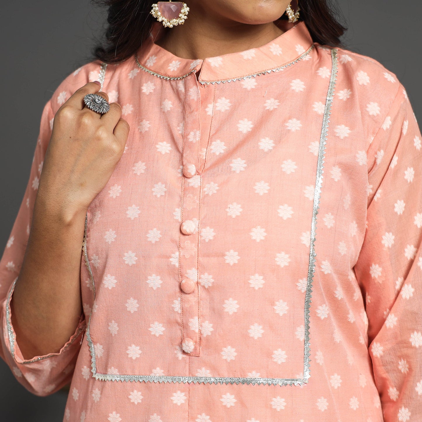 Peach Handwoven Cutwork Cotton Banarasi Kurta