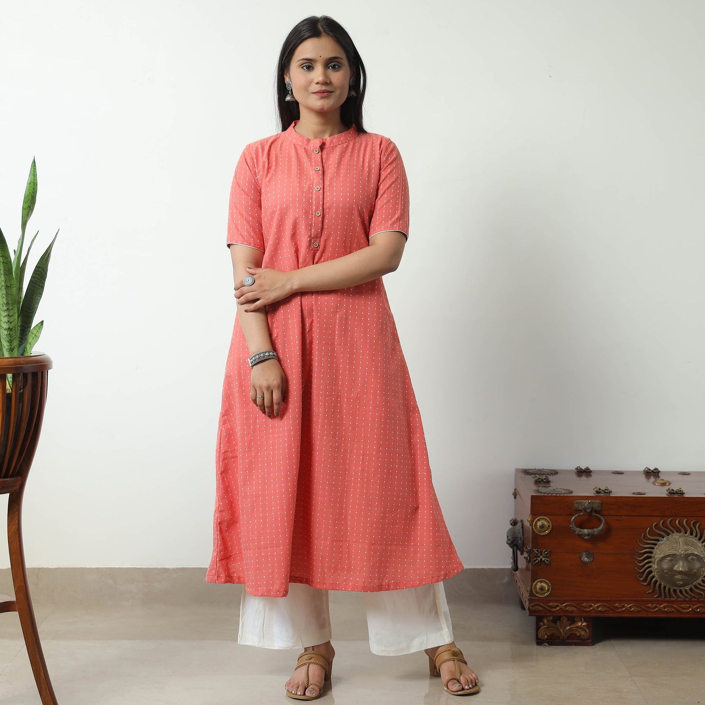 Peach - Jacquard Cotton A-Line Kurta 21