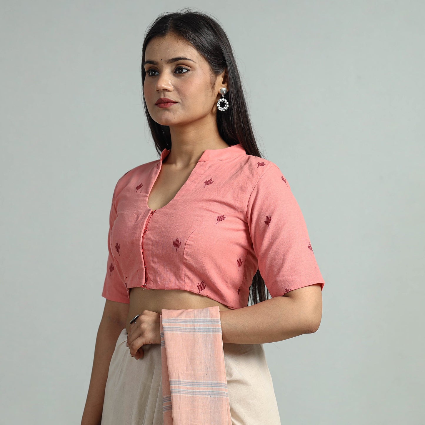 Buy Peach Jacquard Weave Cotton Stitched B