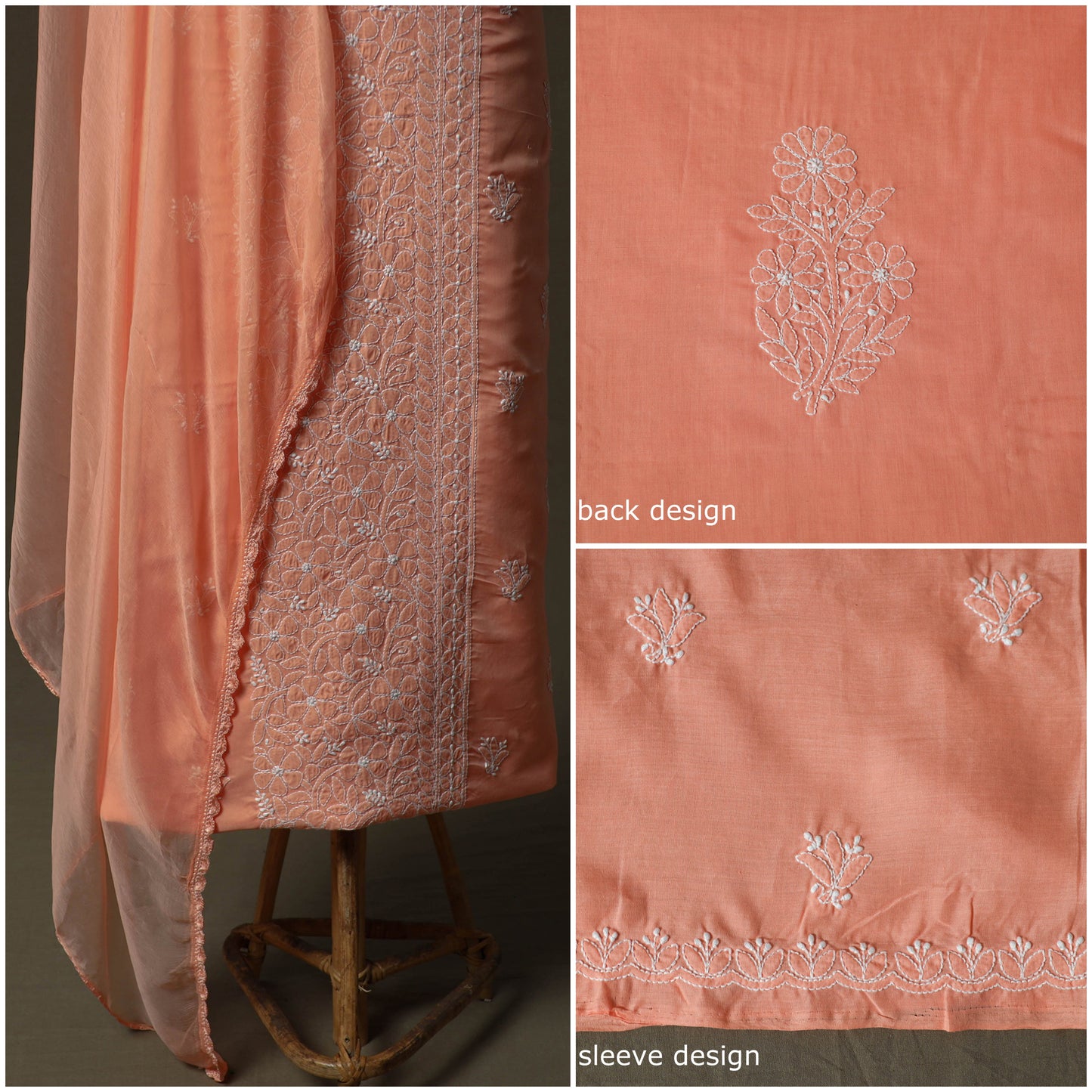 Peach - lucknowi hand embroidered cotton chikankari 3pc