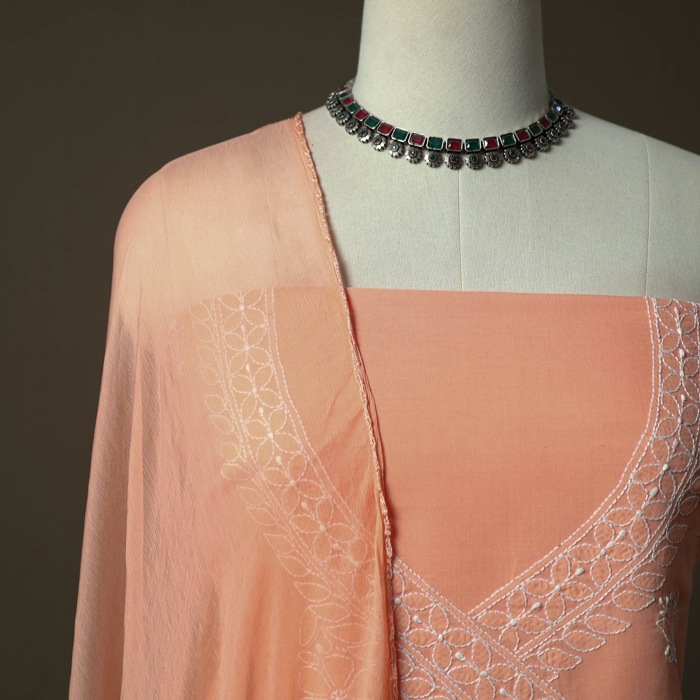 Peach - lucknowi hand embroidered cotton chikankari 3pc