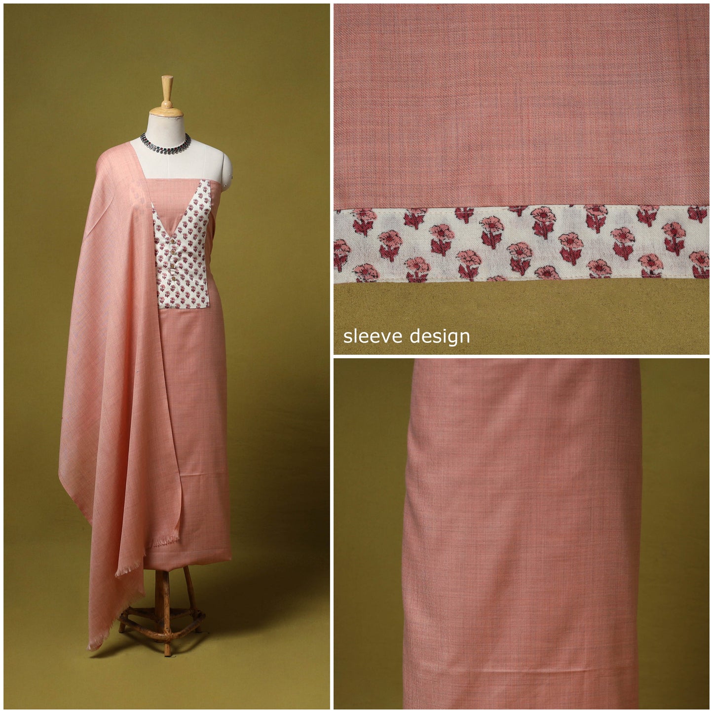 Merino wool plain 3pc unstitched dress material with patch