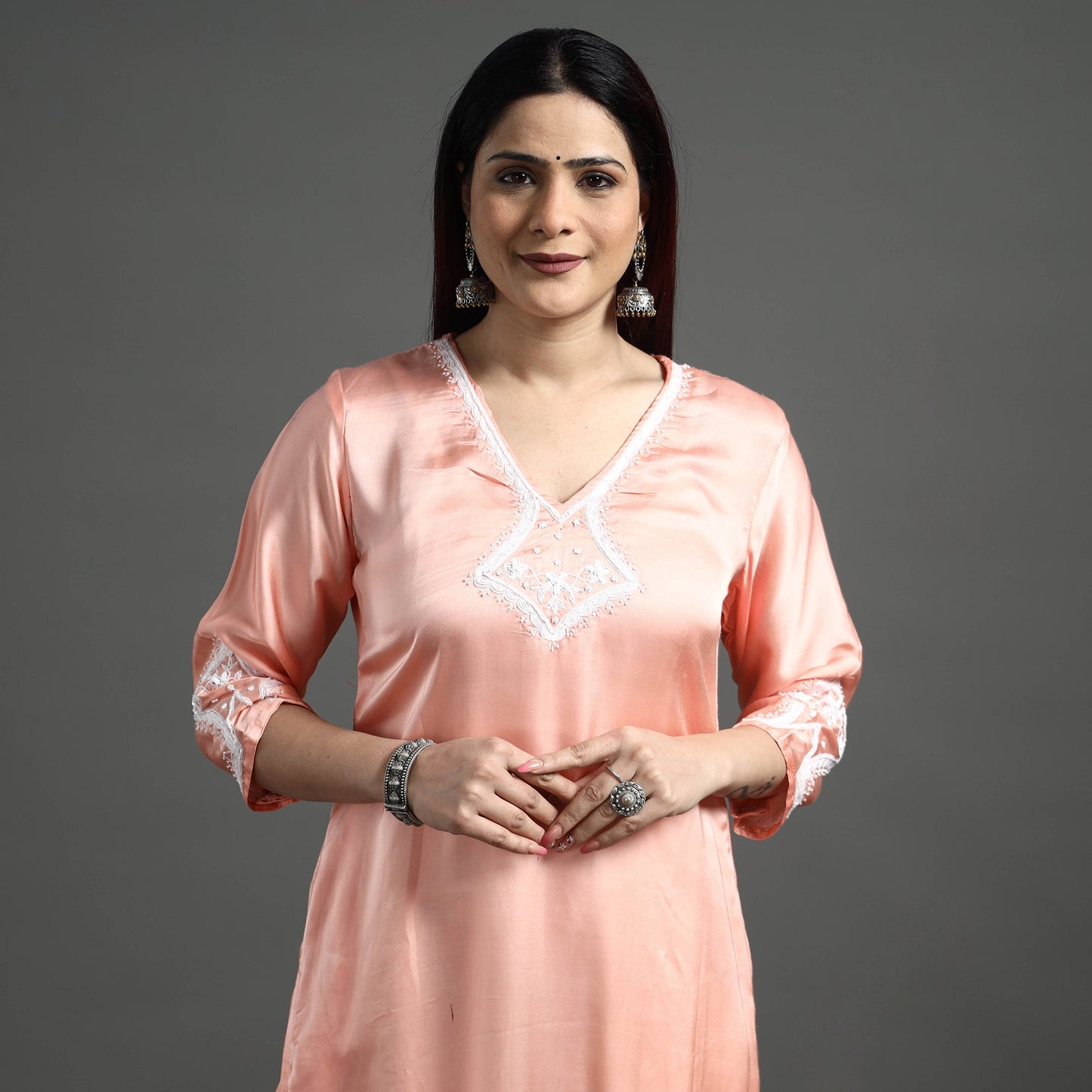 Buy Navy Blue Modal Silk Hand Embroidered Long Kurta l iTokri.com