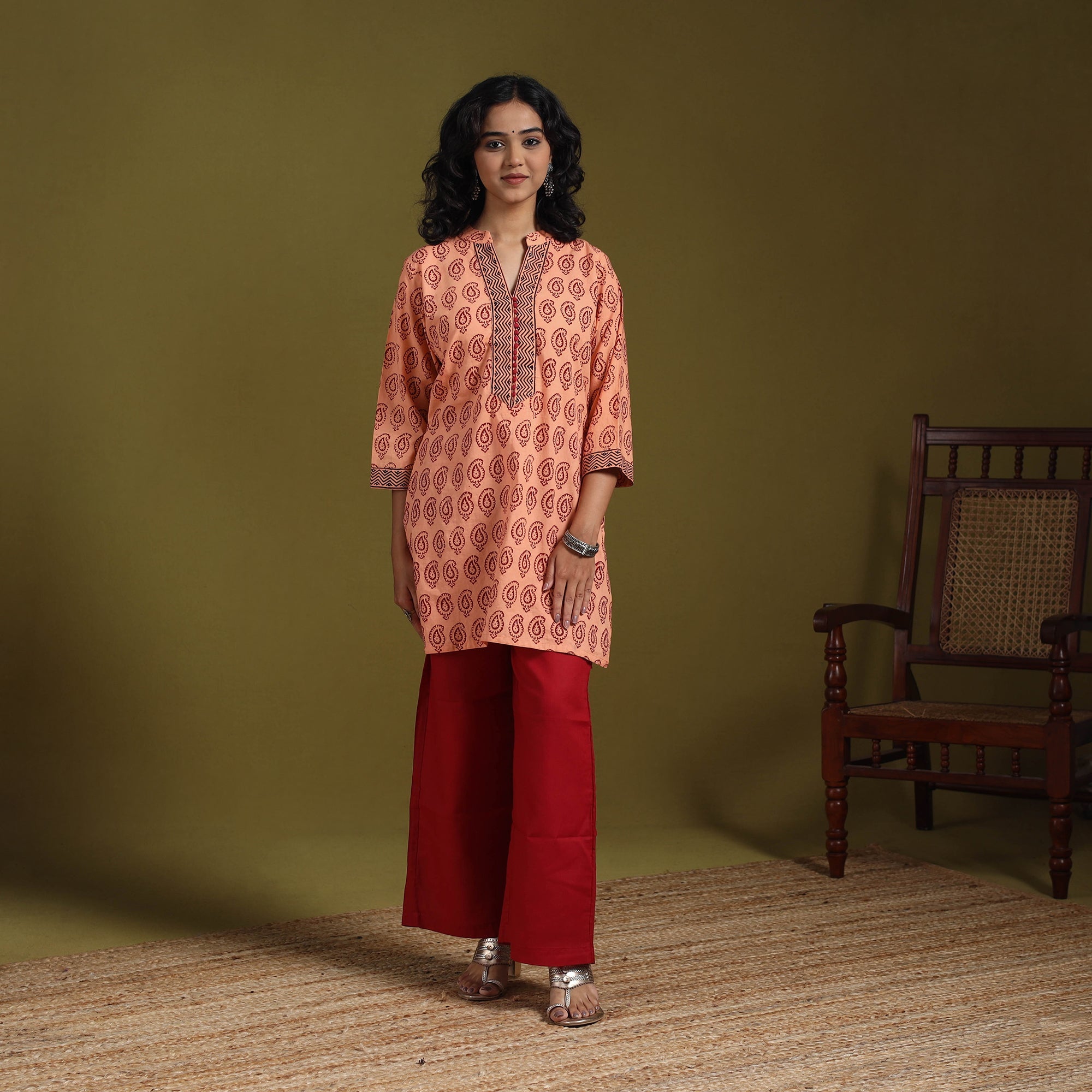 Peach - Natural Dyed Cotton Short Bagh Print Kurta 06
