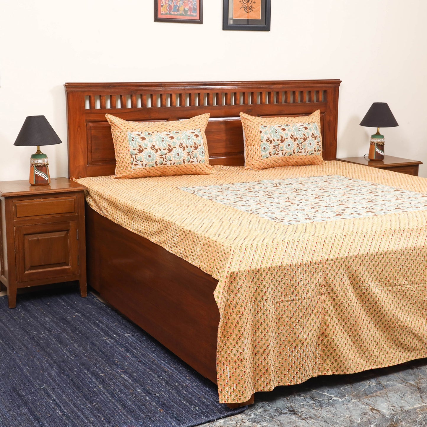 Patchwork hand double sanganeri bedsheet set (108 x 90 in)