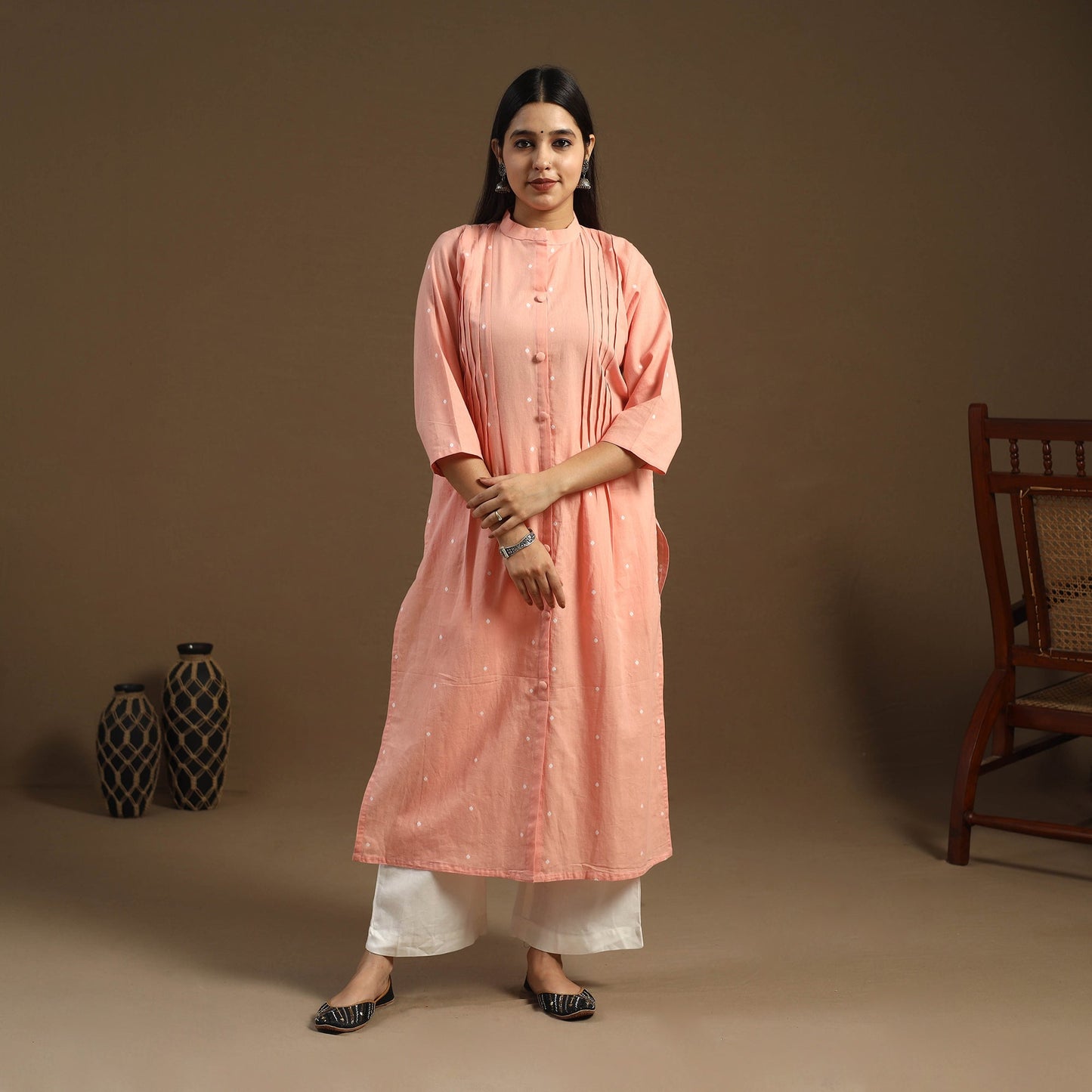Pintuck Straight Cotton Jacquard Kurta for Women