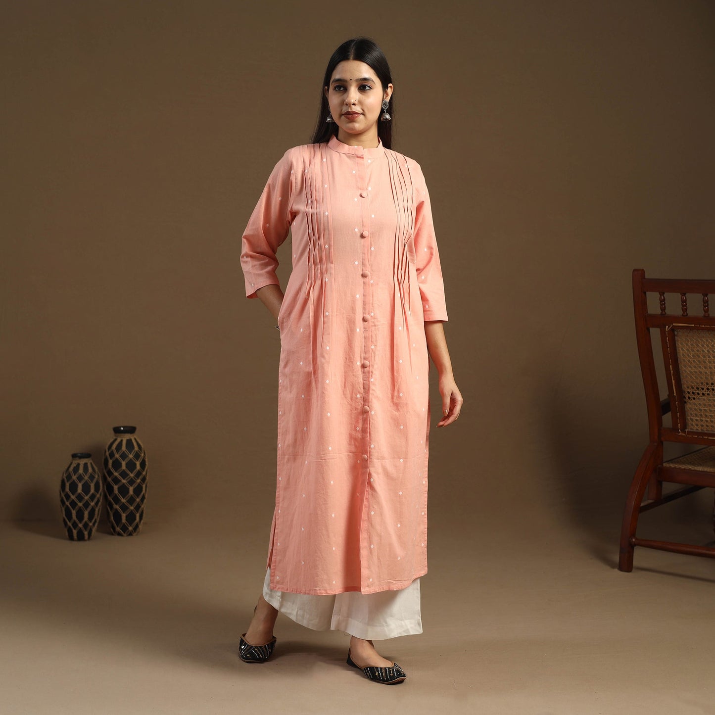 Pintuck Straight Cotton Jacquard Kurta for Women