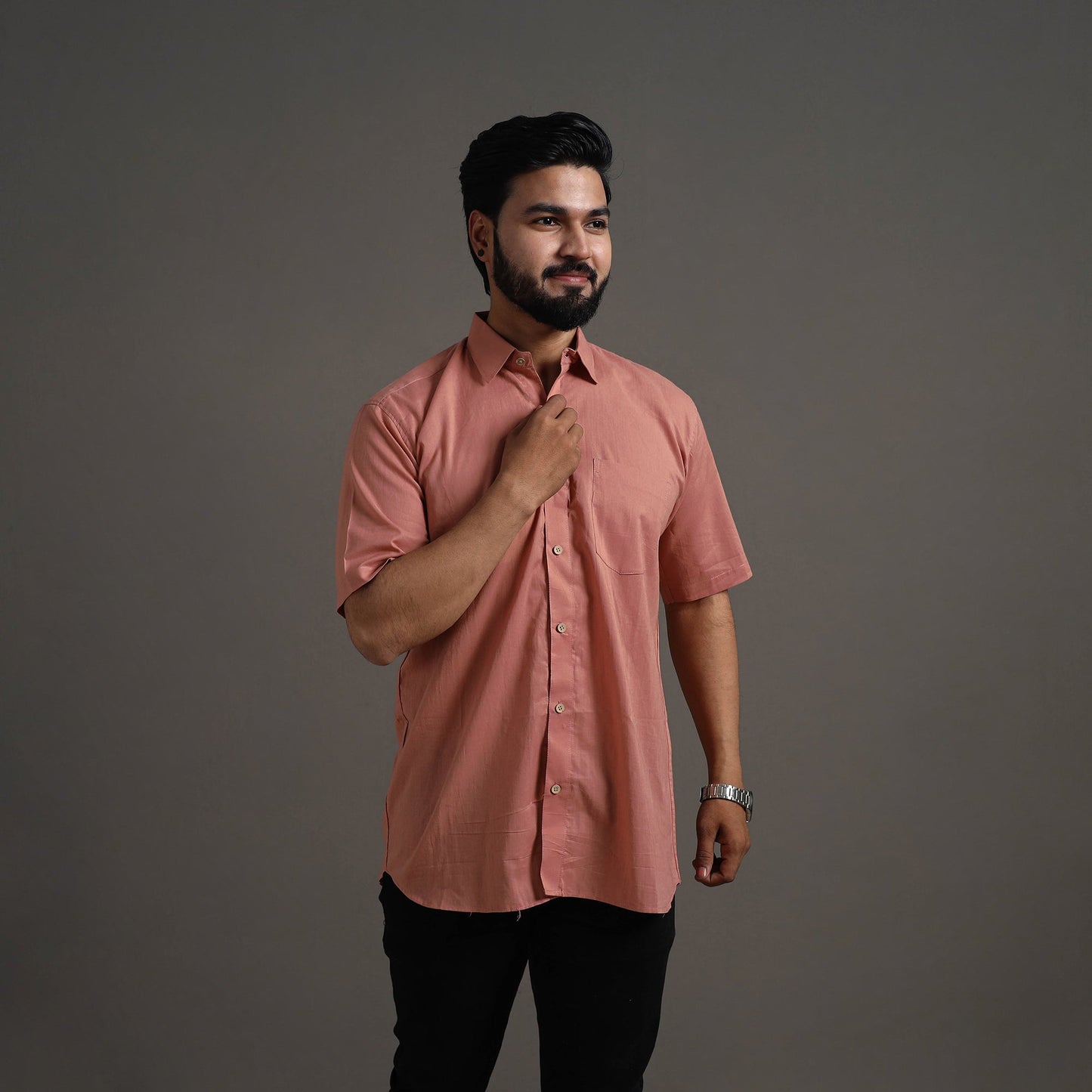 Buy Peach Plain Cotton Men Half Sleeve Shirt Online