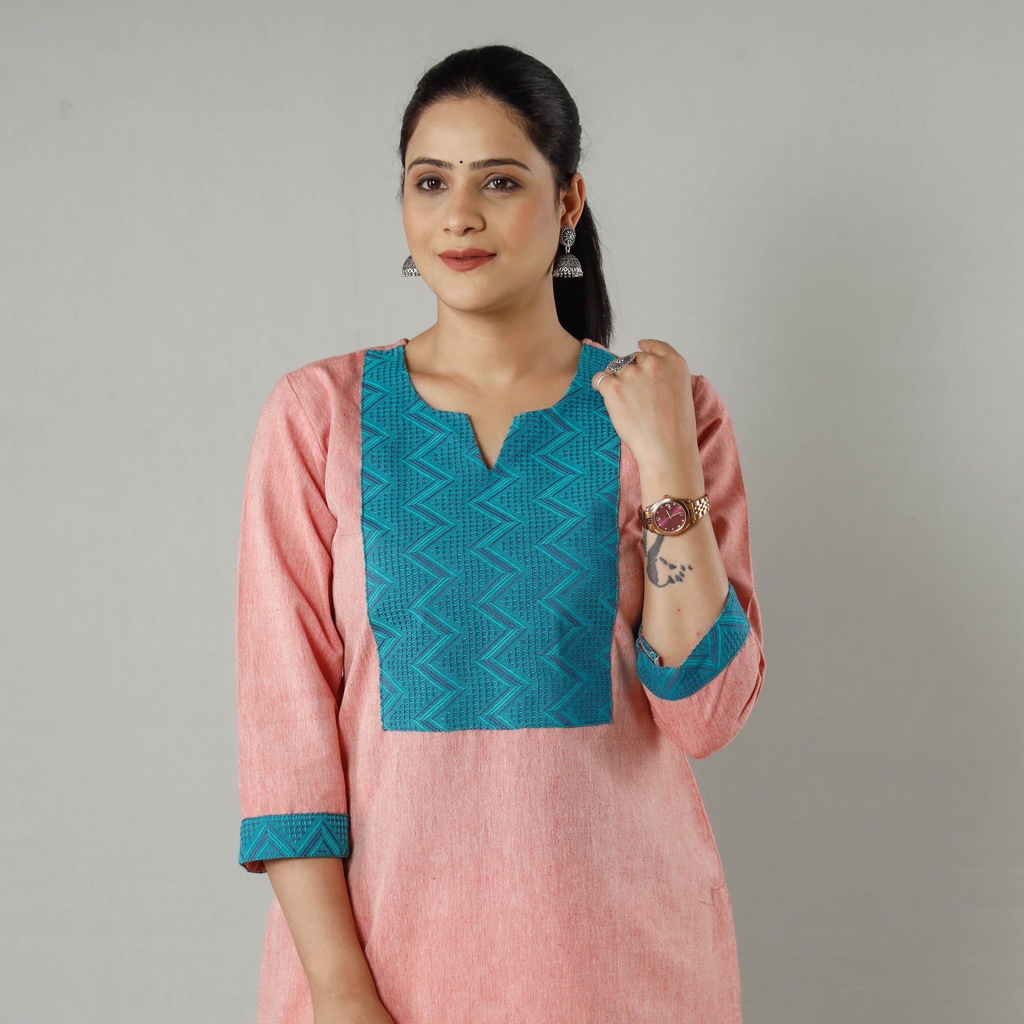 Green - Plain Jhiri Handloom Cotton Long Straight Kurta