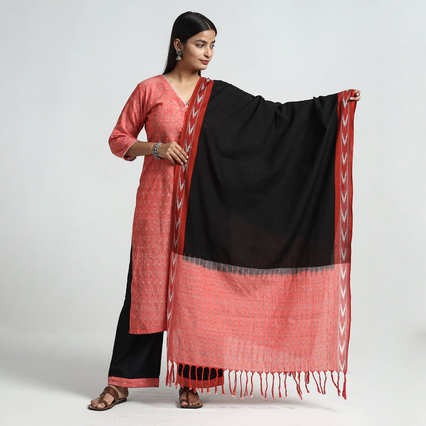 Buy Pochampally Ikat Weave Cotton Kurta with Palazzo & Dupatta Set Online l iTokri.com
