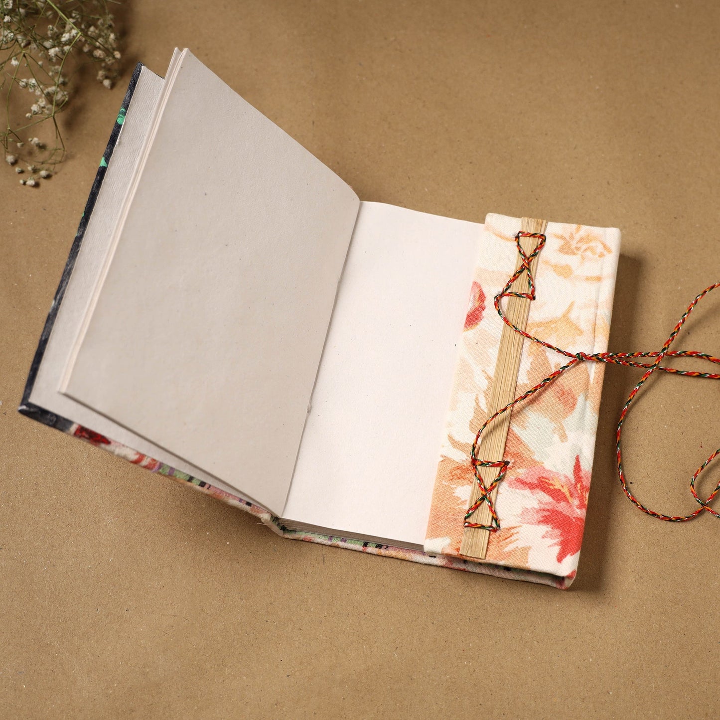 Printed fabric cover handmade paper notebook with thread