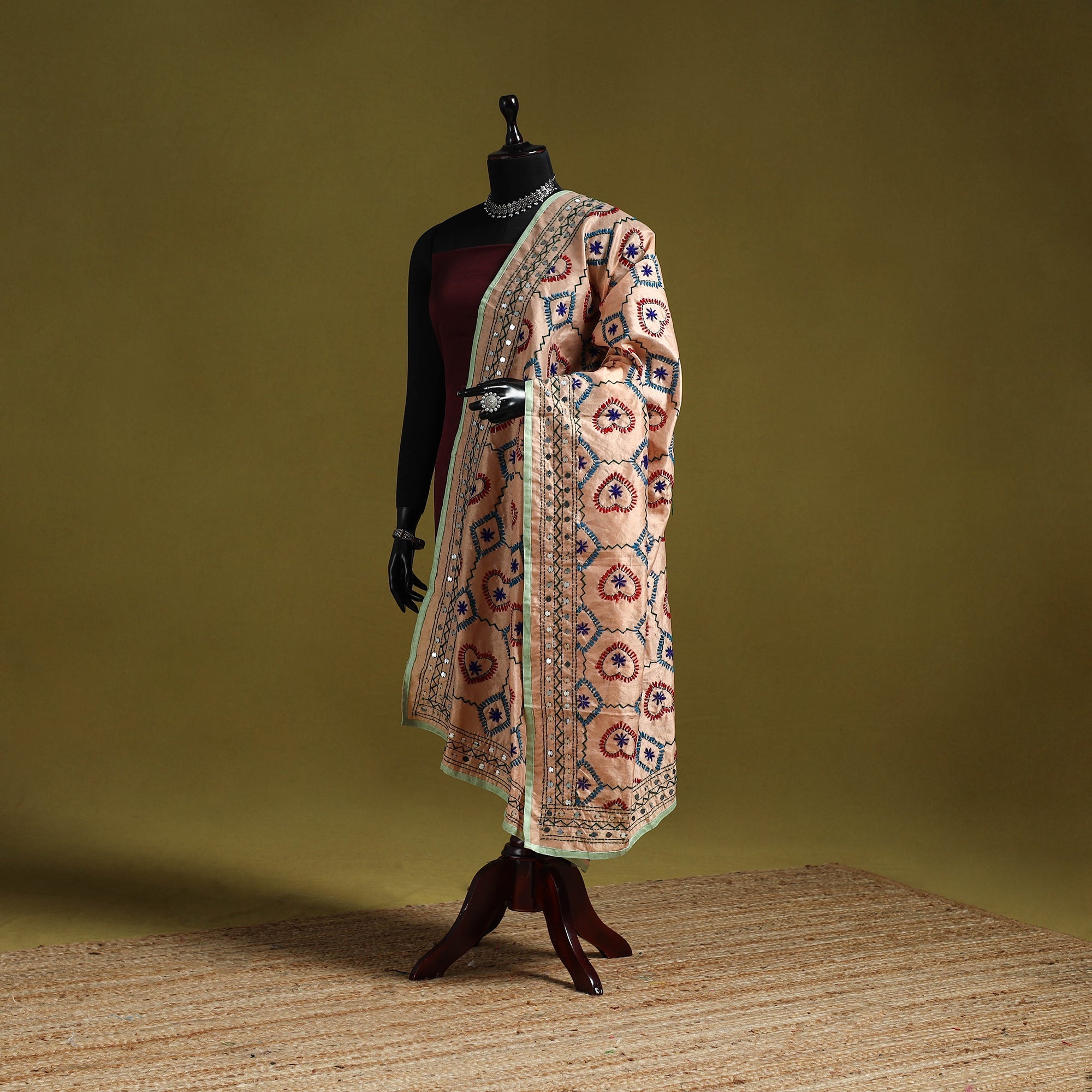 Grey - Ranihati Chanderi Silk Hand Embroidery Dupatta 09