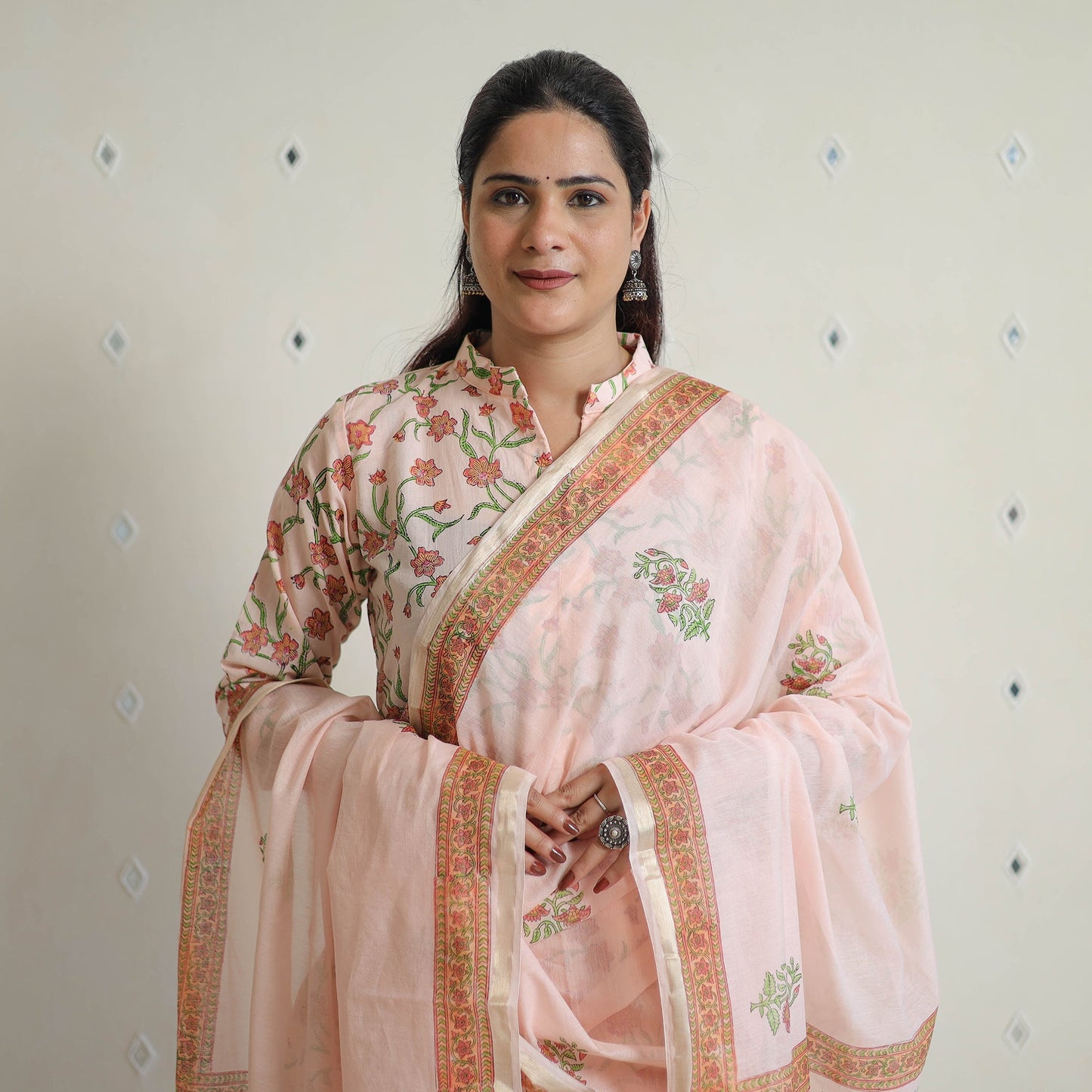 Peach - sanganeri cotton kurta suit set 09 - handcrafted