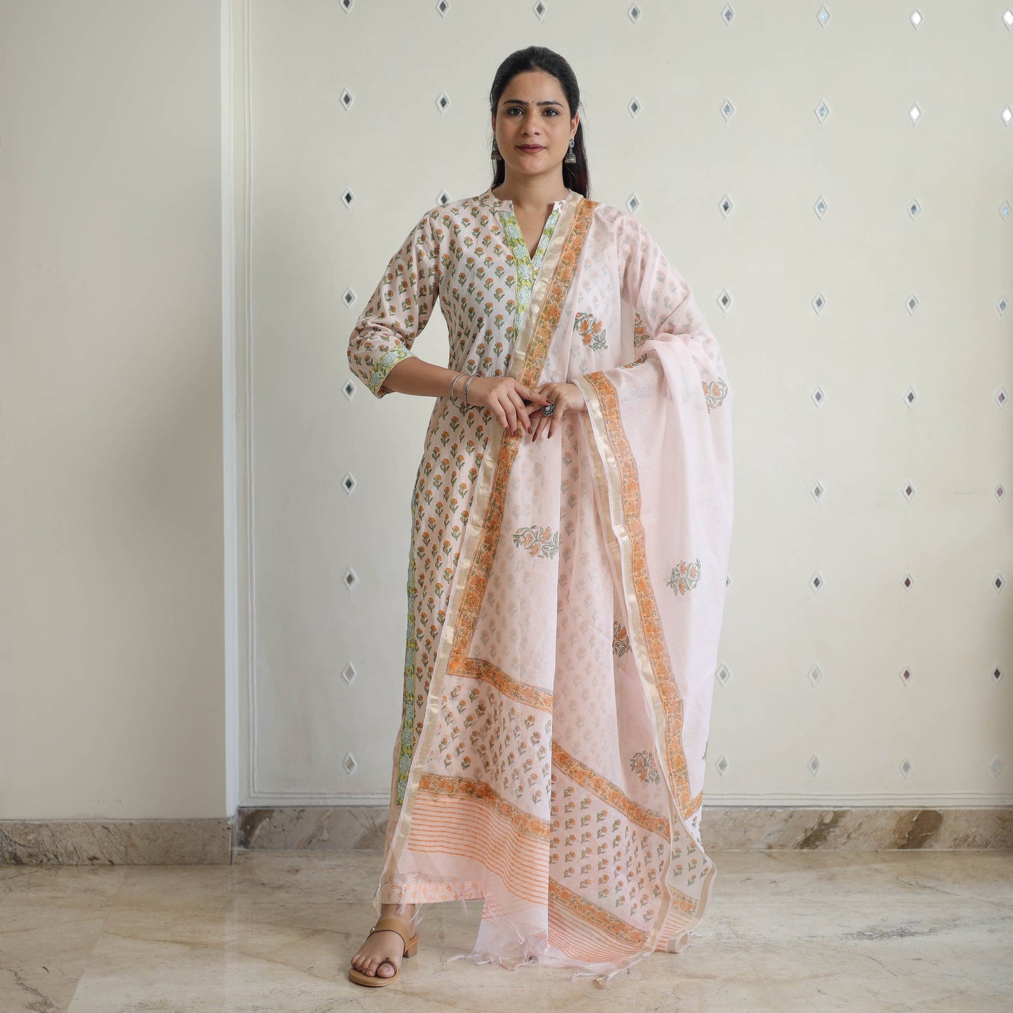 Peach - sanganeri cotton kurta suit set 11 - handcrafted