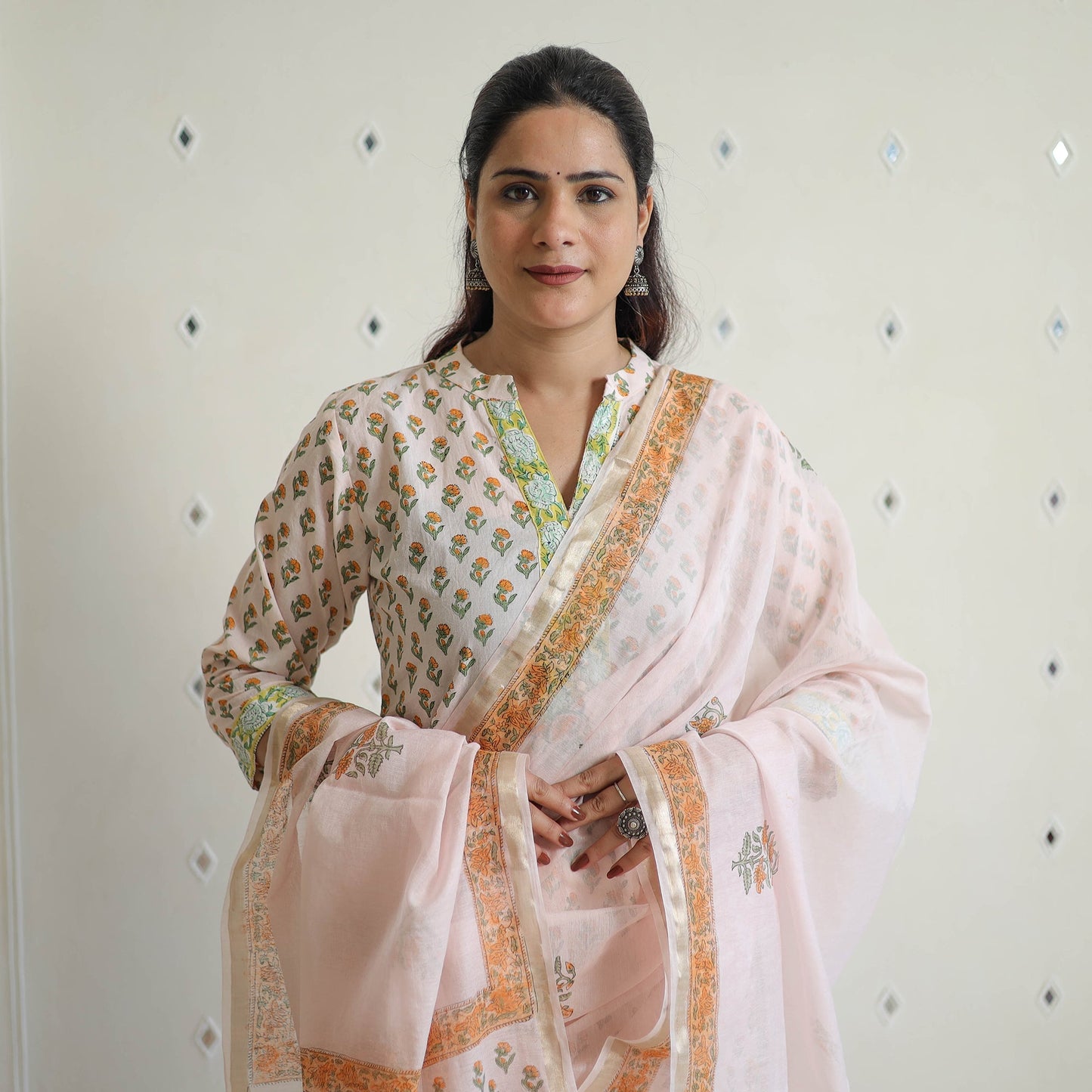Peach - sanganeri cotton kurta suit set 11 - handcrafted