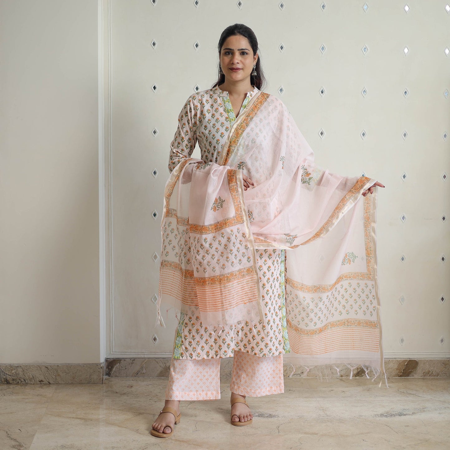 Peach - sanganeri cotton kurta suit set 11 - handcrafted