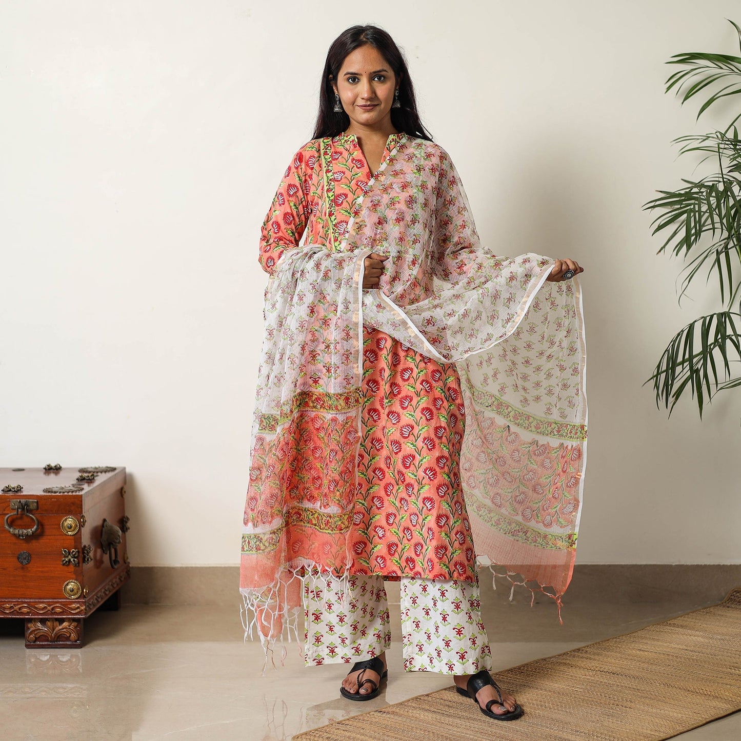 Sanganeri Block Printed Cotton Kurta with Palazzo & Dupatta Set 04