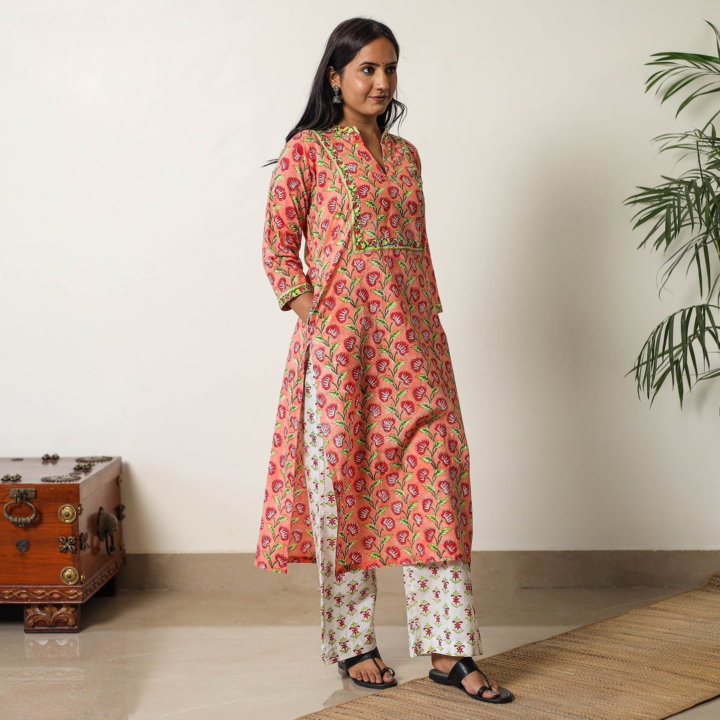 Sanganeri Block Printed Cotton Kurta with Palazzo & Dupatta Set 04