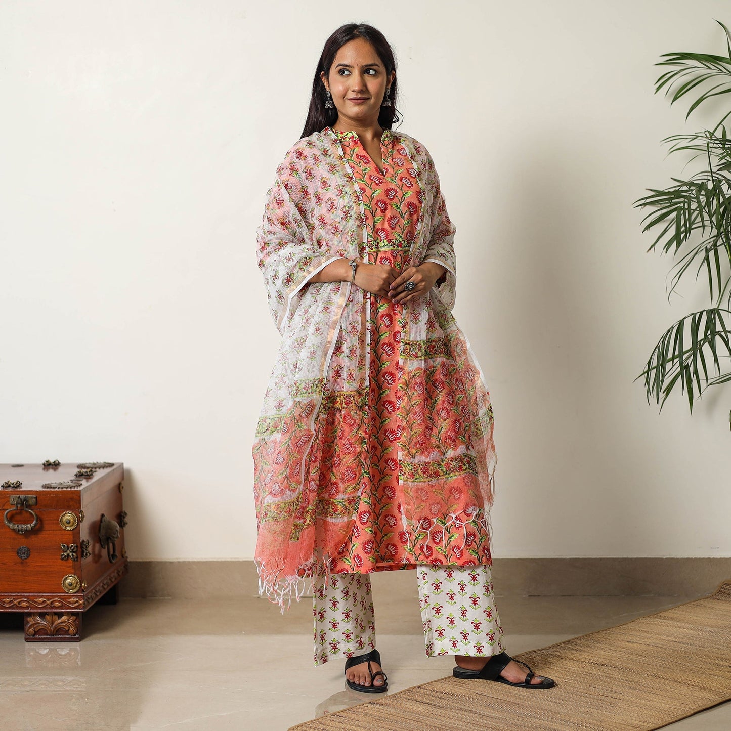 Sanganeri Block Printed Cotton Kurta with Palazzo & Dupatta Set 04