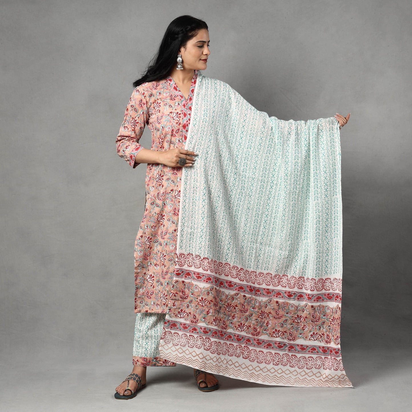 Sanganeri Block Printed Cotton Kurta with Palazzo & Dupatta Set Online at iTokri.com