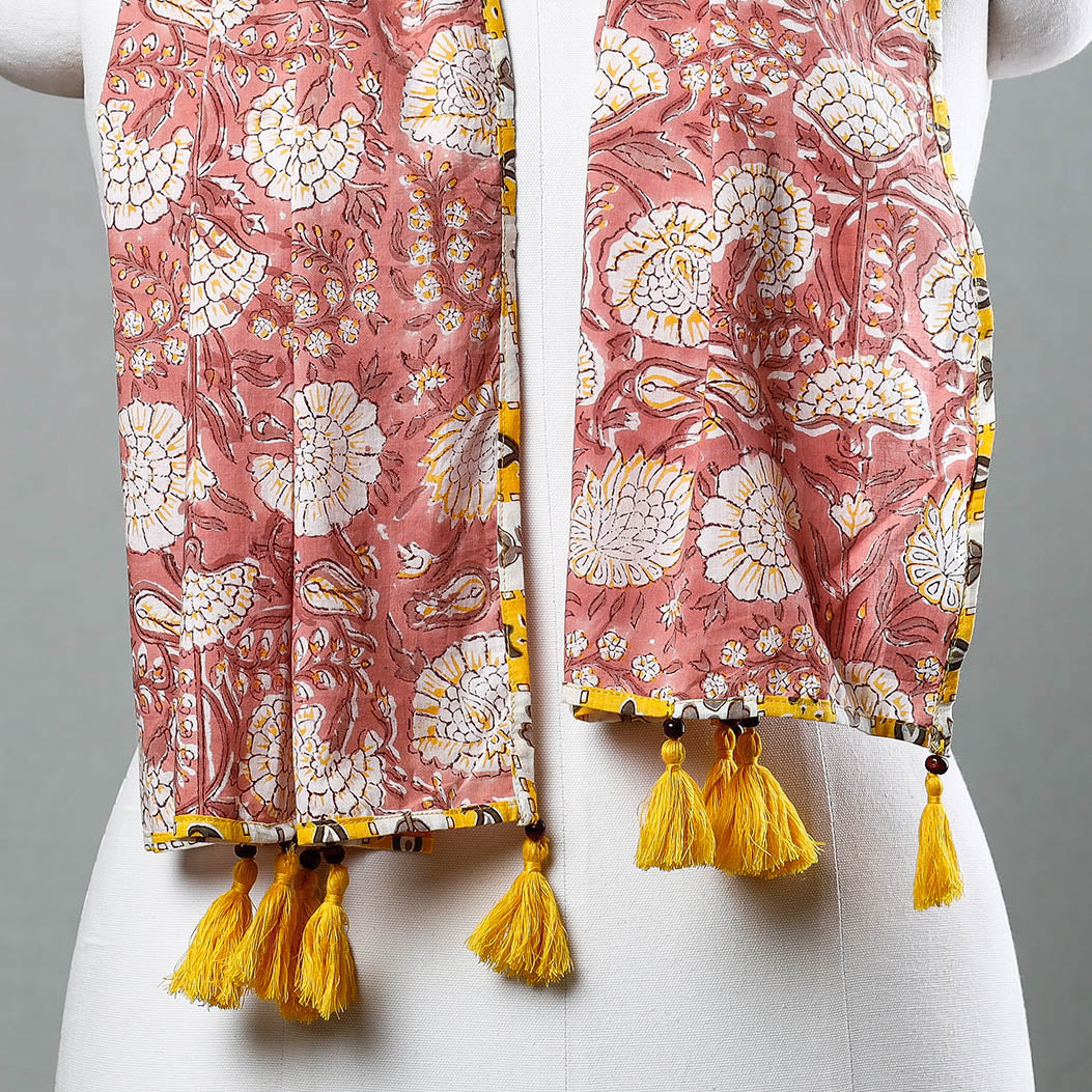 Sanganeri Block Printed Cotton Stole with Tassels