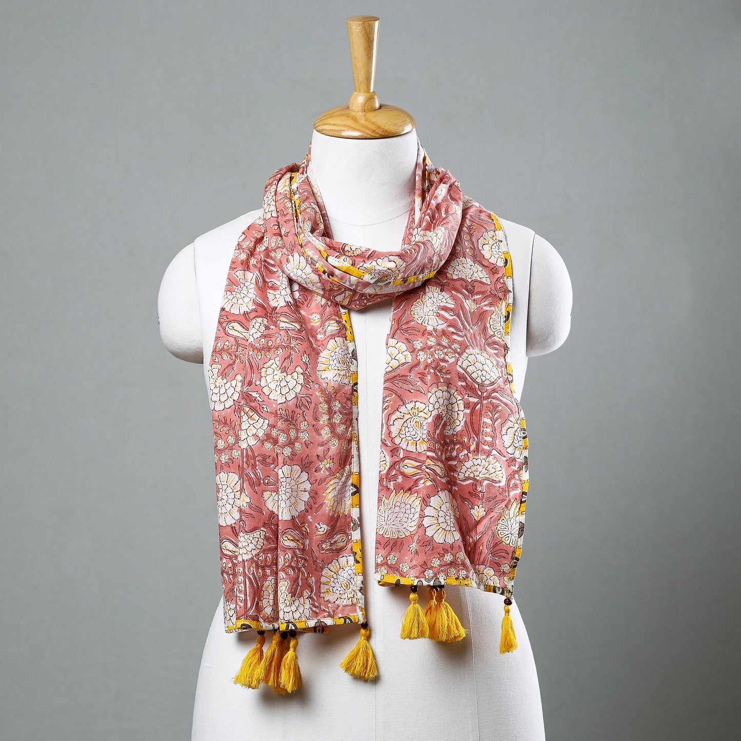 Sanganeri Block Printed Cotton Stole with Tassels